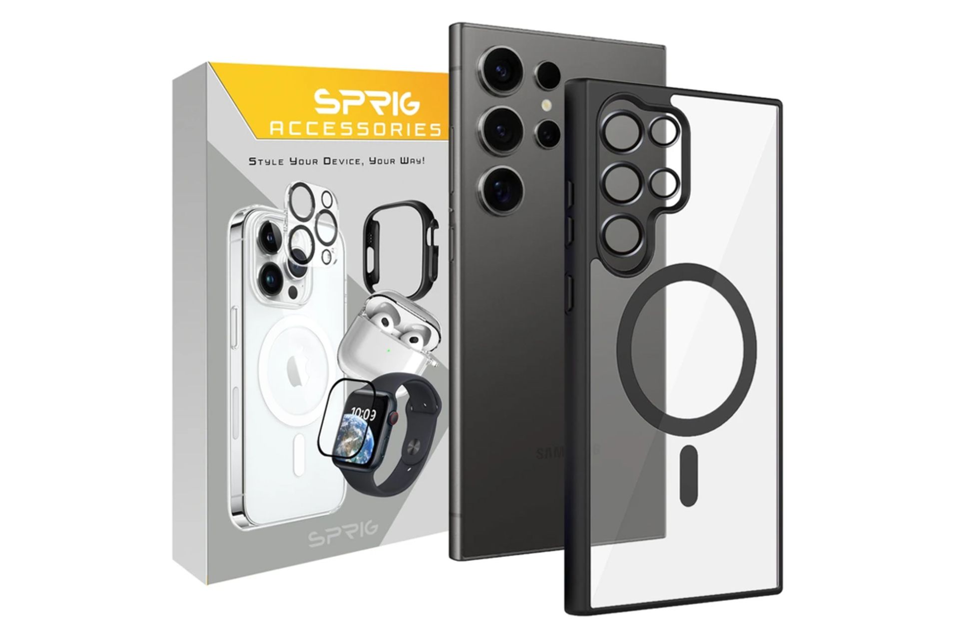 جعبه قاب گوشی اسپریگ مدل Border Magsafe Ring Metal مناسب سامسونگ Galaxy S25 Ultra همراه با محافظ لنز