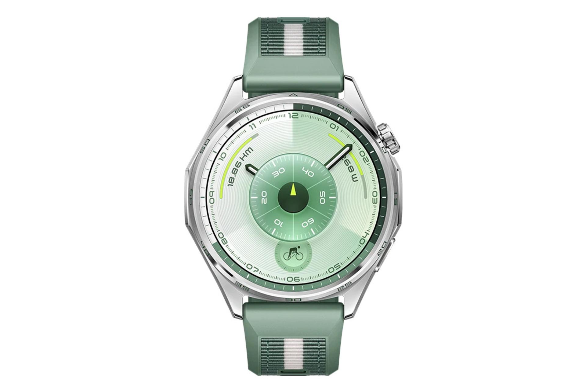 ساعت هوشمند هواوی واچ GT 6 نسخه 46 میلی‌متری نقره ای با بند سبز از نمای روبرو / Huawei Watch GT 6 46mm