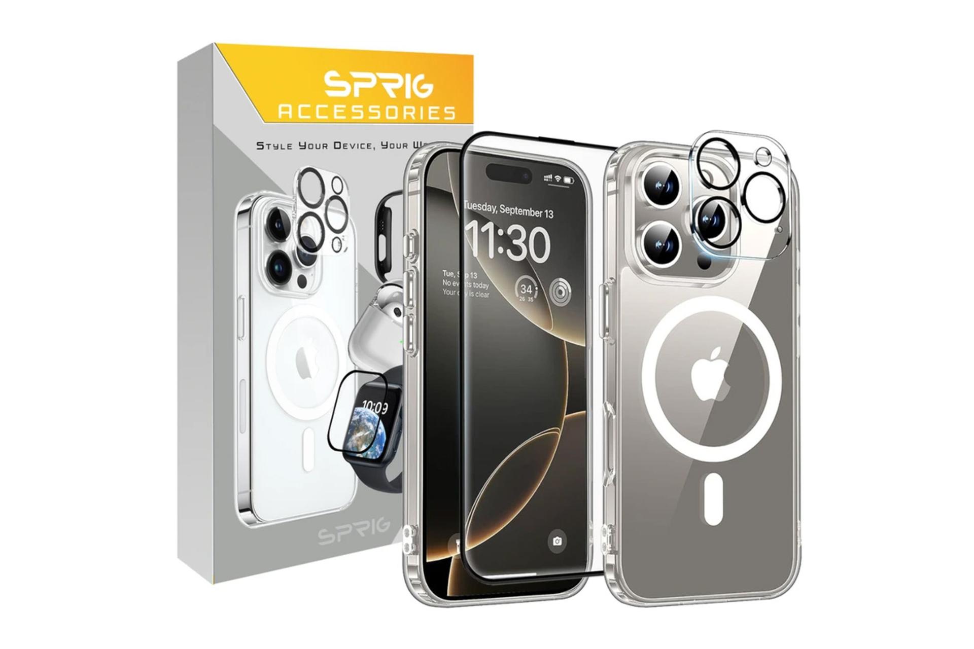 جعبه قاب گوشی اسپریگ مدل Magset FLNS مناسب اپل iPhone 16 Pro Max همراه با محافظ لنز و صفحه نمایش