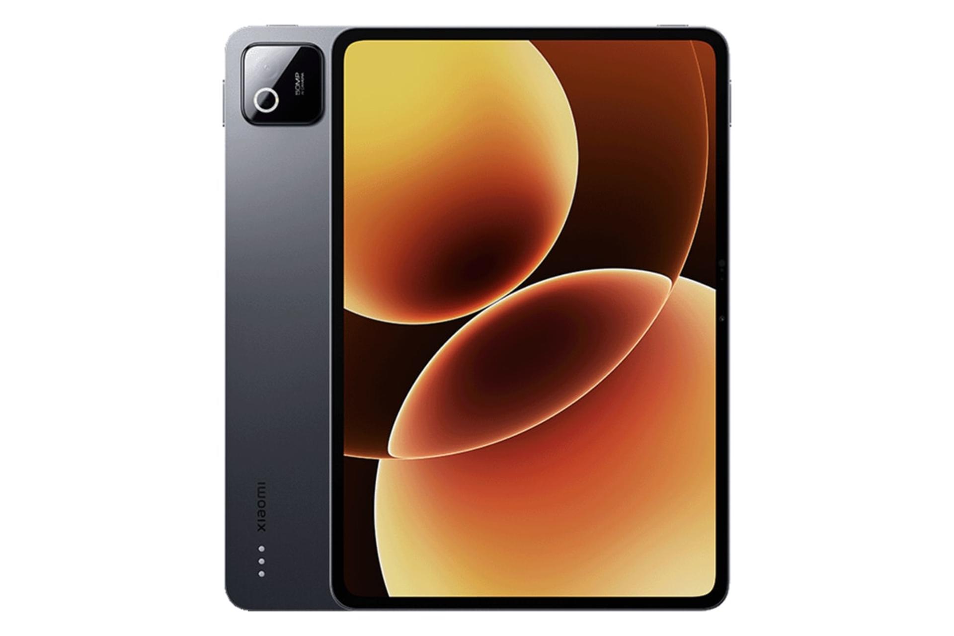 نمای کلی تبلت پد 8 پرو شیائومی / Xiaomi Pad 8 Pro با نمایشگر روشن و نمایش دوربین و لوگوی پنل پشت رنگ خاکستری