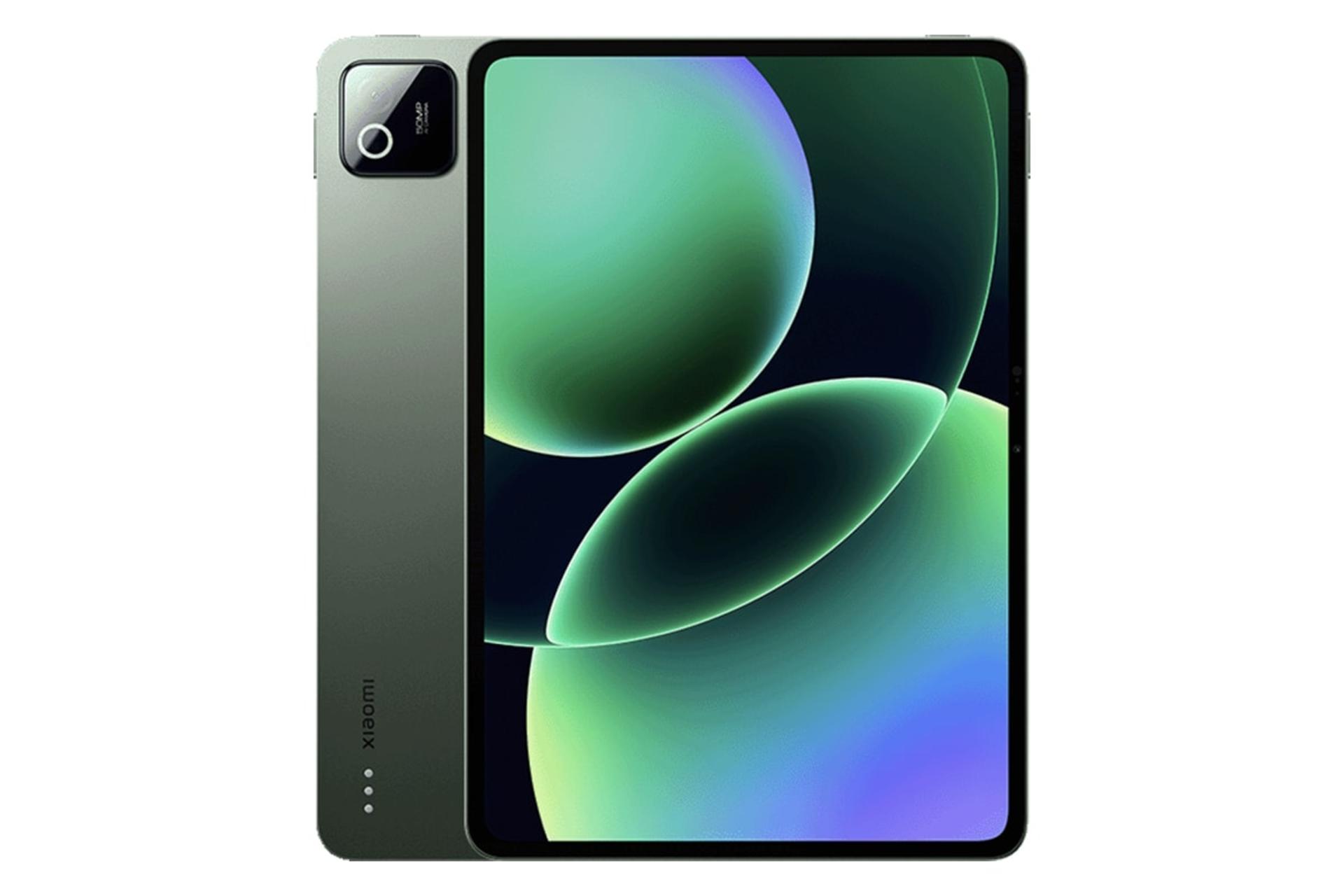 نمای کلی تبلت پد 8 پرو شیائومی / Xiaomi Pad 8 Pro با نمایشگر روشن و نمایش دوربین و لوگوی پنل پشت رنگ سبز