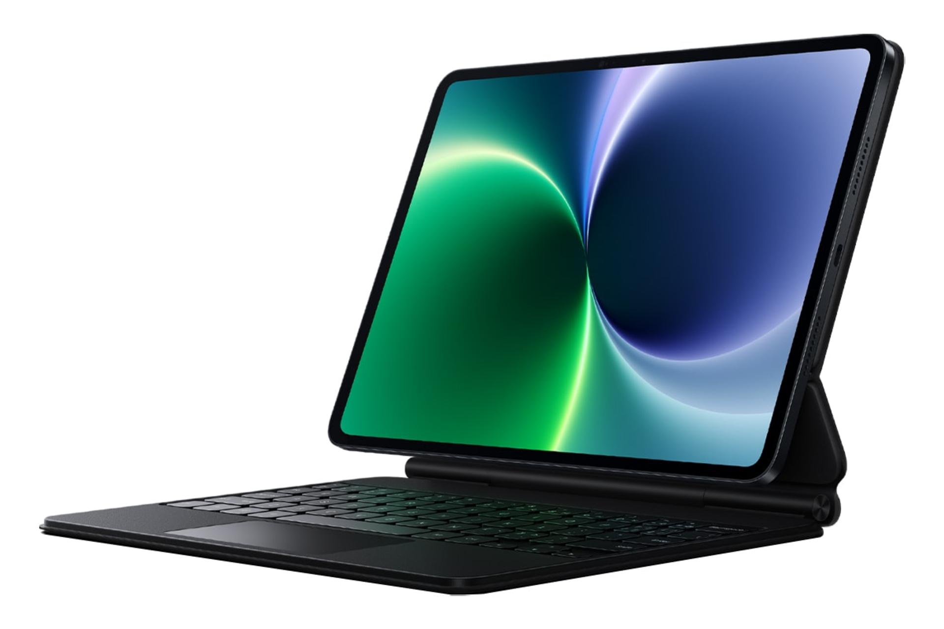 نمای نیمرخ پنل جلوی تبلت پد 8 پرو شیائومی / Xiaomi Pad 8 Pro با نمایش لبه سمت راست، حفره‌های اسپیکر، درگاه‌ها، کیبورد و استند