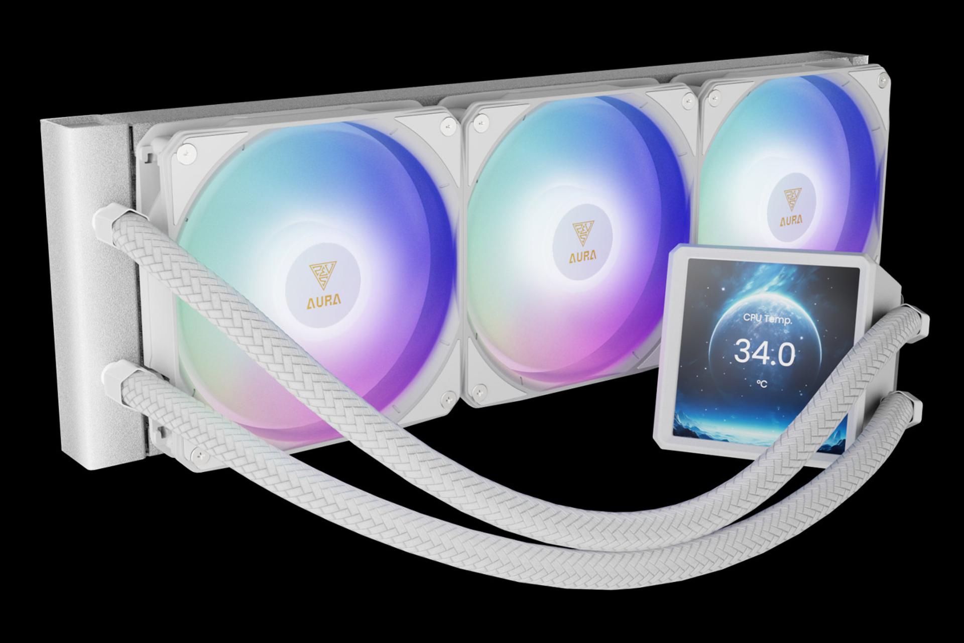 نمای سمت چپ خنک کننده مایع گیم دیاس AURA GL360 LCD WH