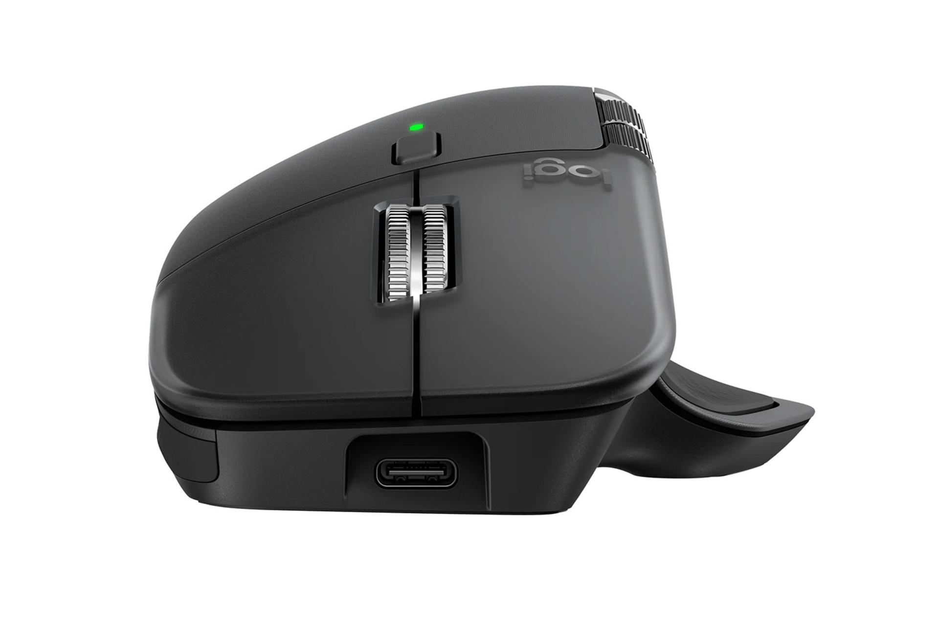 ماوس لاجیتک MX Master 4 از نمای جلو و نمایش درگاه USB-C