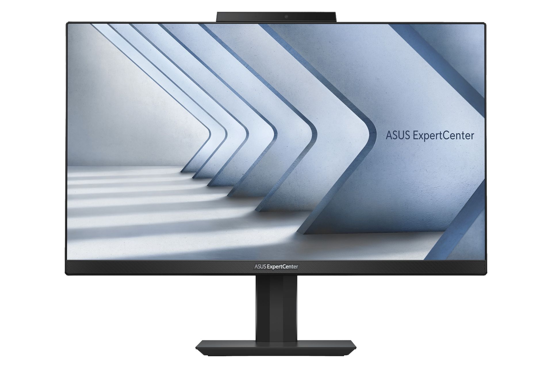 نمای جلوی کامپیوتر همه کاره ExpertCenter E5 AiO 24 E5402WVA ایسوس با نمایشگر روشن و نمایش لوگو و وبکم