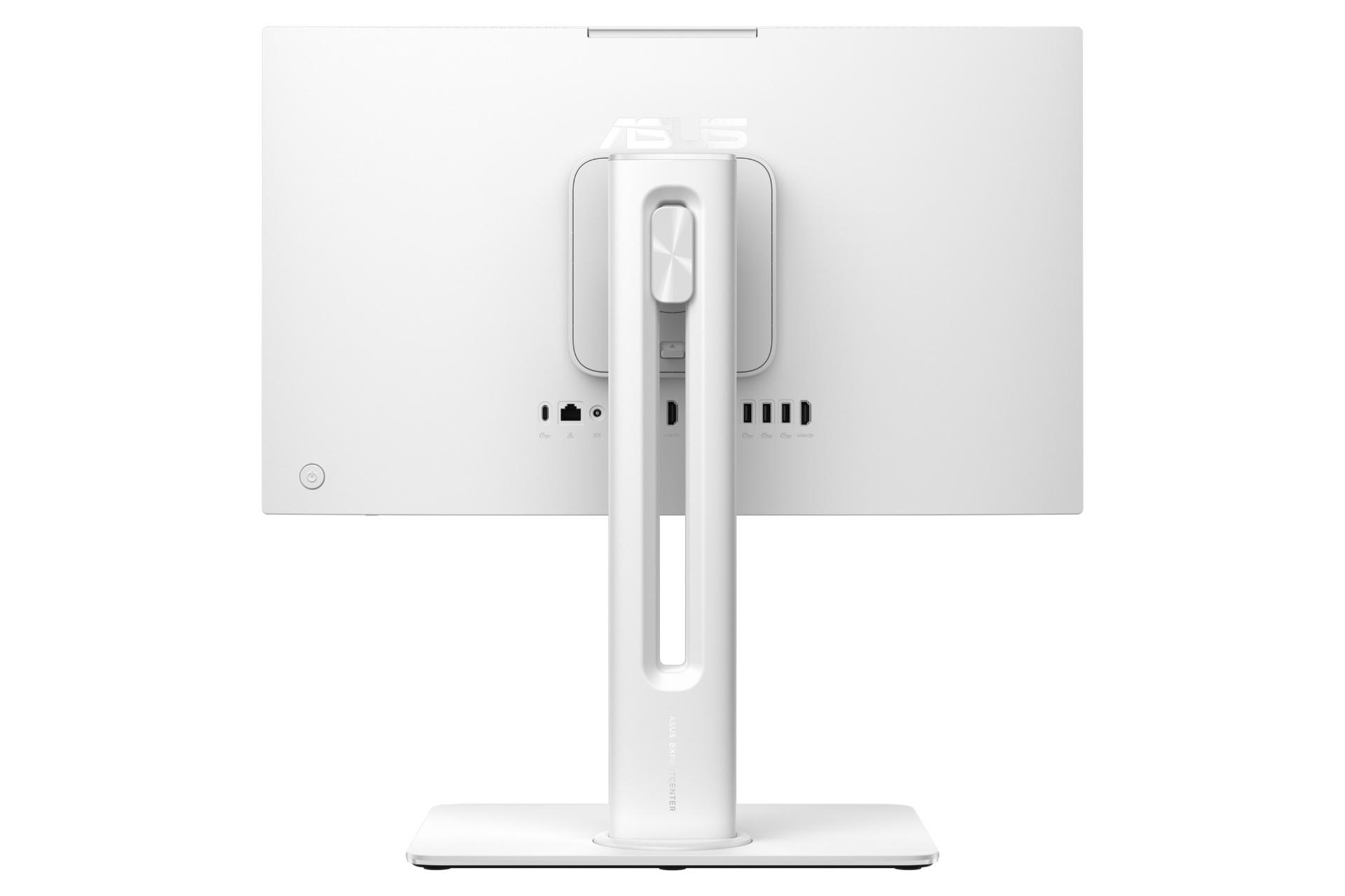 نمای پنل پشت کامپیوتر همه کاره ExpertCenter P400 AiO P440VA ایسوس با نمایش پایه با قابلیت تنظیم ارتفاع، لوگو و درگاه‌ها رنگ سفید