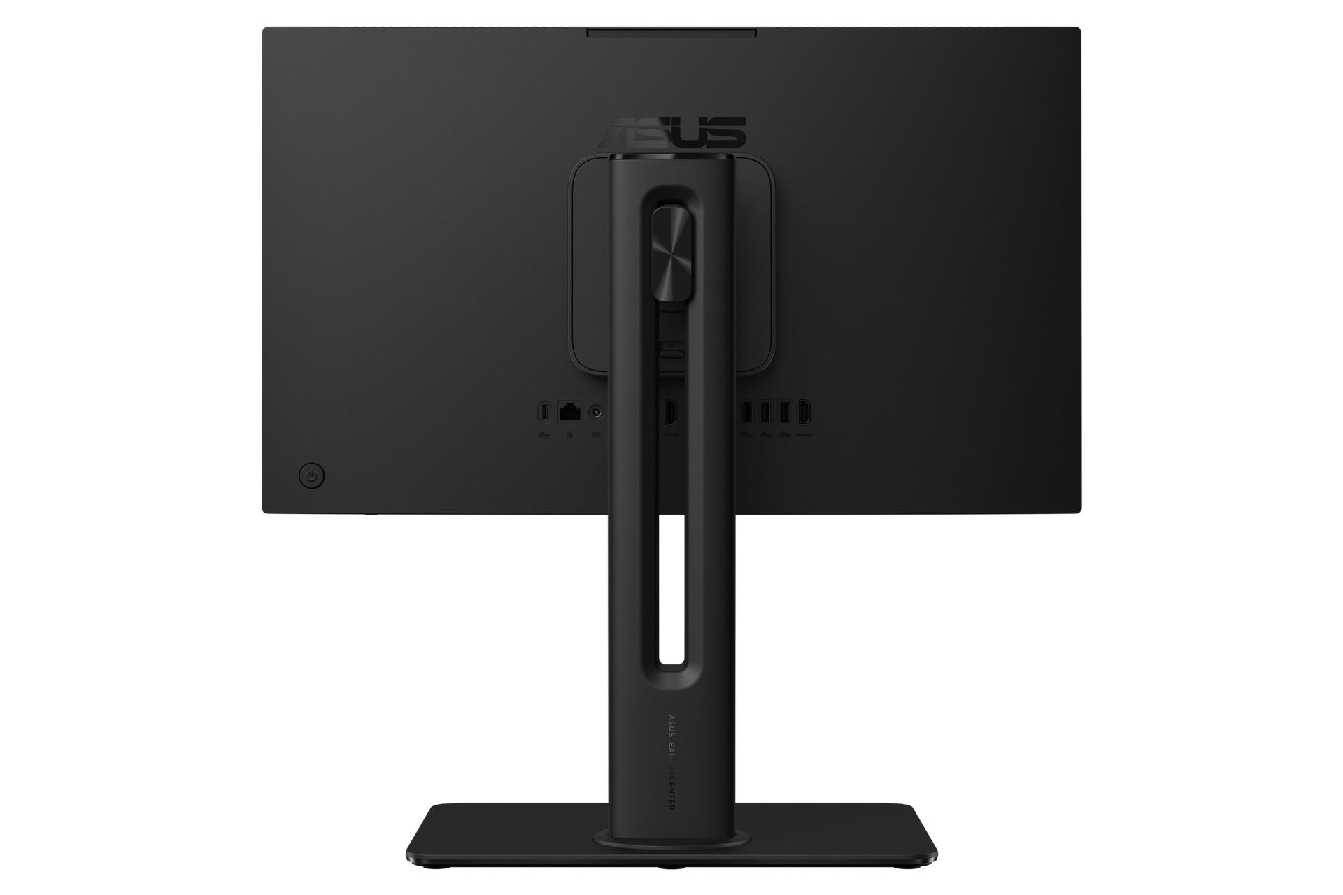 نمای پنل پشت کامپیوتر همه کاره ExpertCenter P400 AiO P440VA ایسوس با نمایش پایه با قابلیت تنظیم ارتفاع، لوگو و درگاه‌ها رنگ مشکی