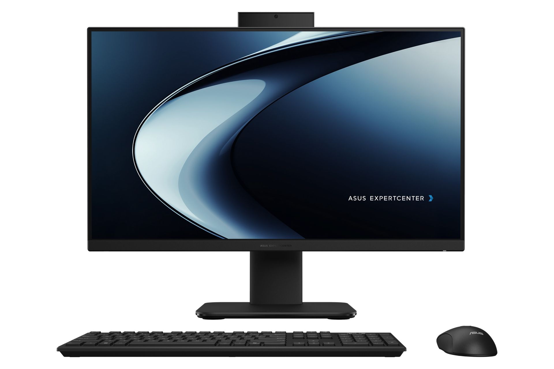 نمای جلوی کامپیوتر همه کاره ExpertCenter P400 AiO P440VA ایسوس با نمایشگر روشن و نمایش لوگو، وبکم و ماوس و کیبورد رنگ مشکی