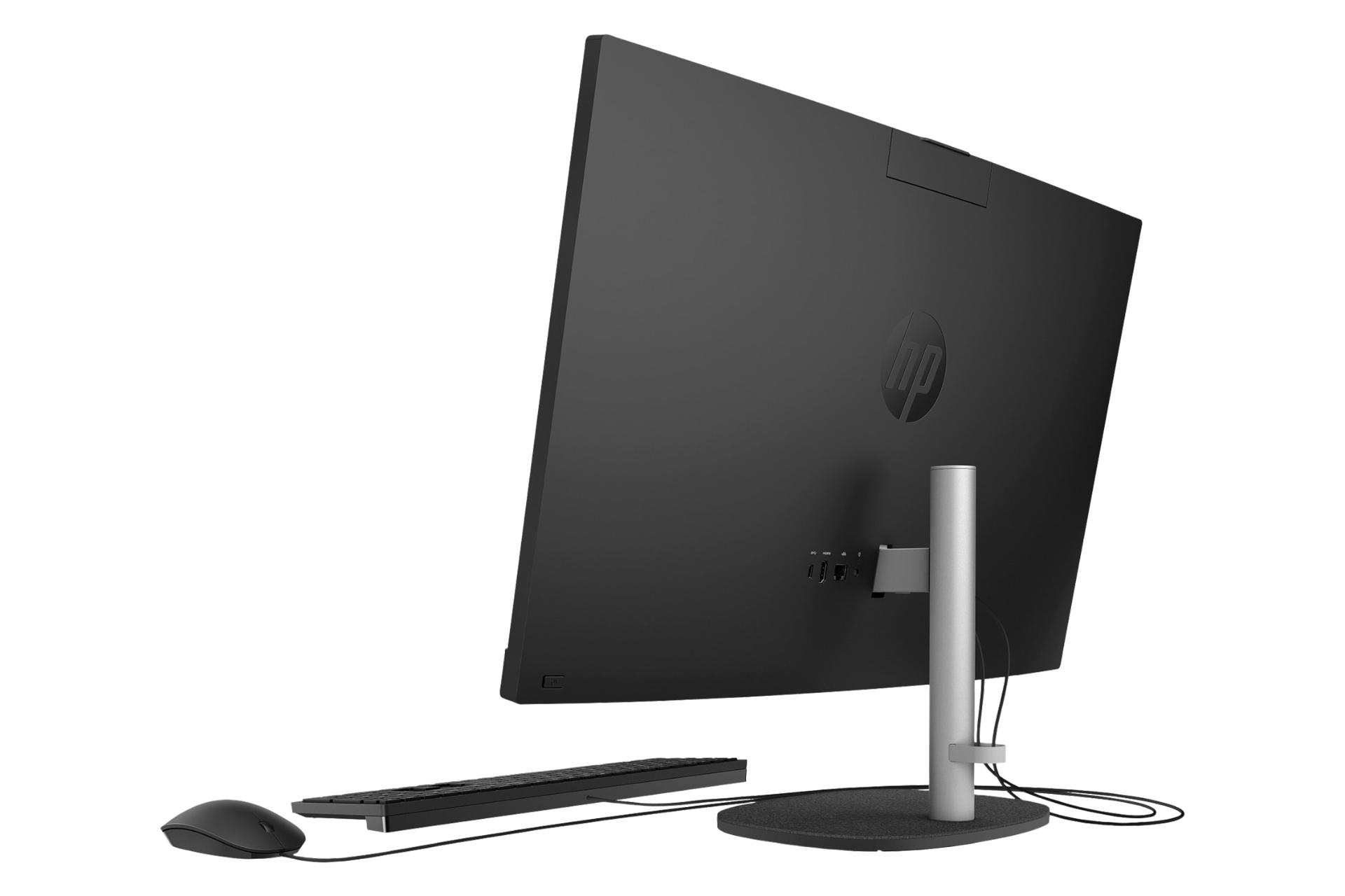 نمای نیمرخ پنل پشت کامپیوتر همه کاره 27-cr0153nh اچ پی با نمایش پایه، لوگو و درگاه‌ها