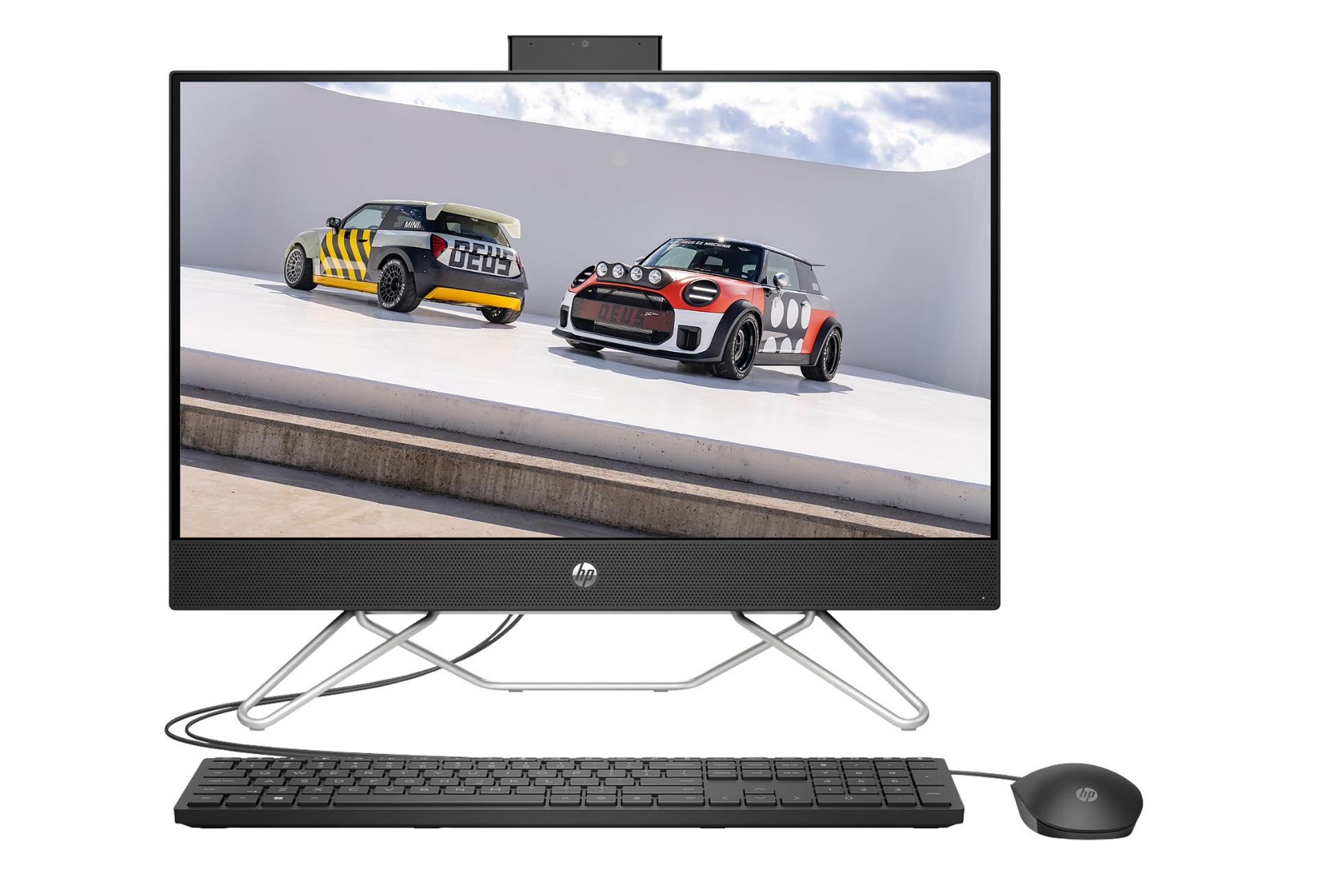 نمای پنل جلوی کامپیوتر همه کاره 24-cb1292nh اچ پی با نمایشگر روشن و نمایش لوگو، ماوس و کیبورد