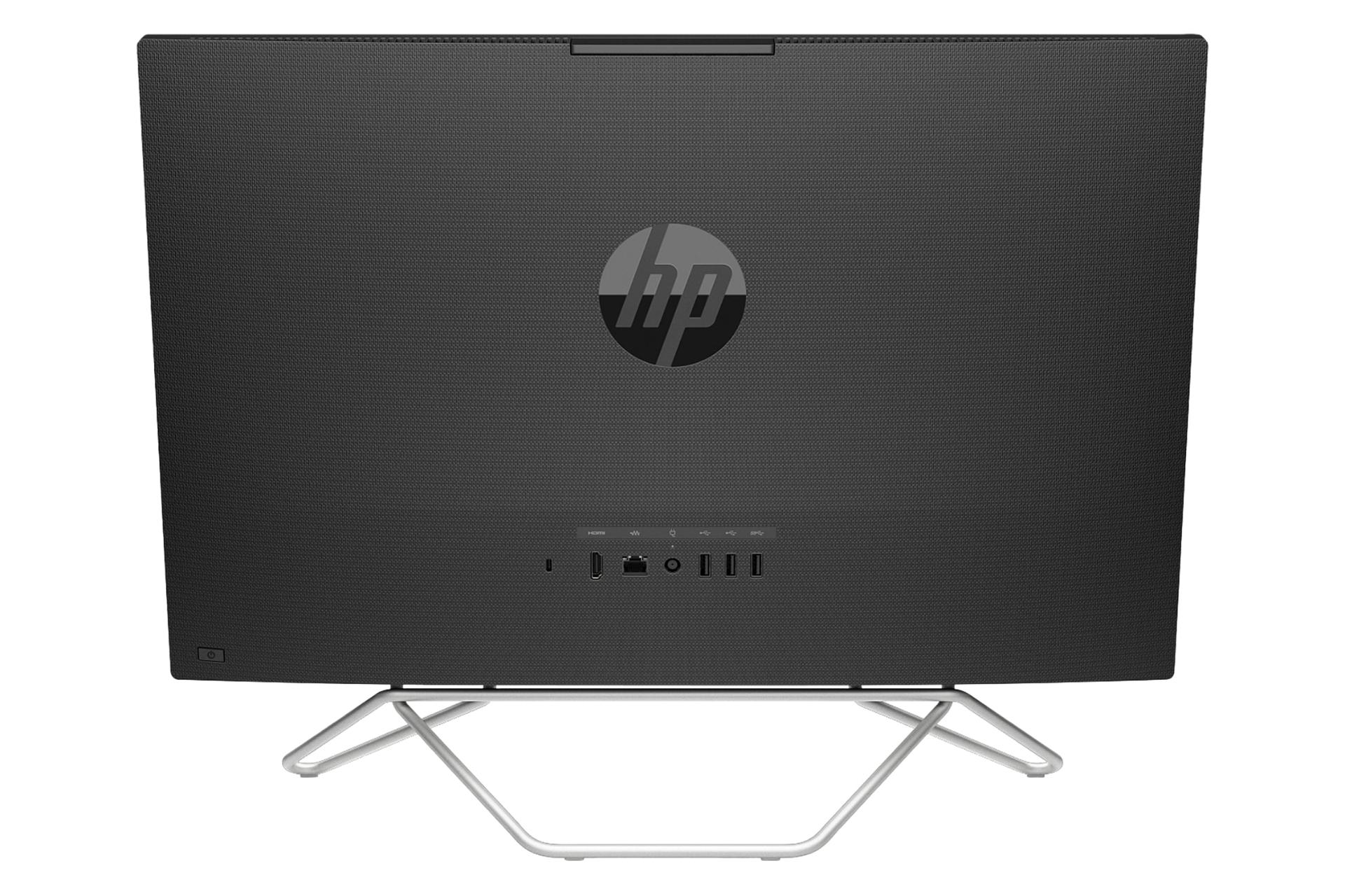 نمای پنل پشت کامپیوتر همه کاره 24-cb1292nh اچ پی با نمایش لوگو، استند و درگاه‌ها