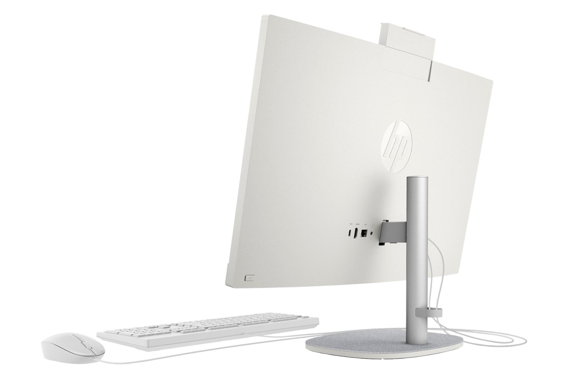 نمای نیمرخ پنل پشت کامپیوتر همه کاره 24-cr0125nh اچ پی با نمایش لبه سمت راست، استند، لوگو و درگاه‌ها