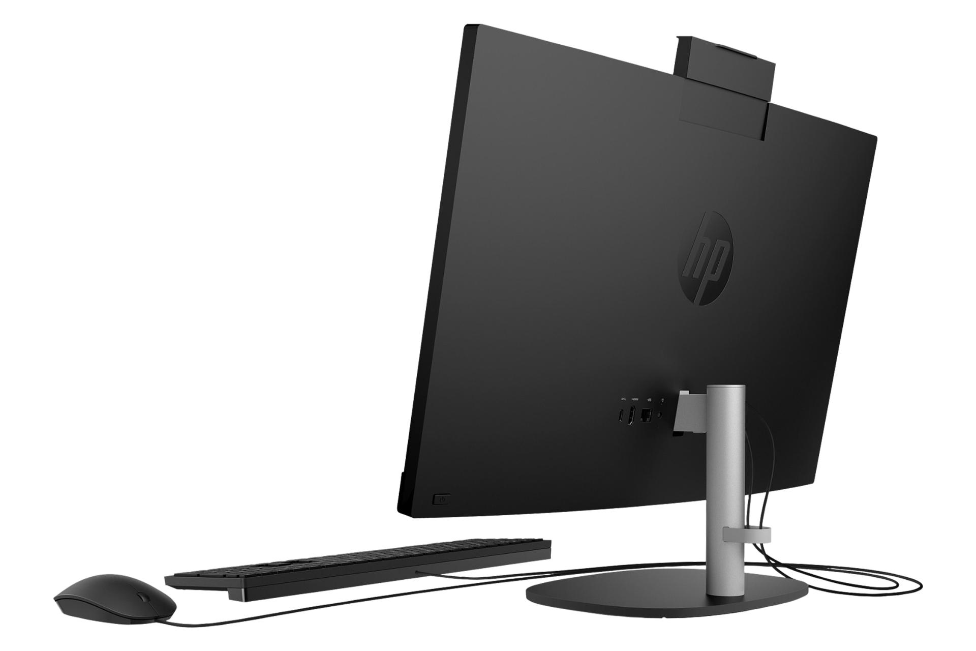 نمای نیمرخ پنل پشت کامپیوتر همه کاره 24-cr0126nh اچ پی با نمایش لبه سمت راست، لوگو، پایه و درگاه‌ها