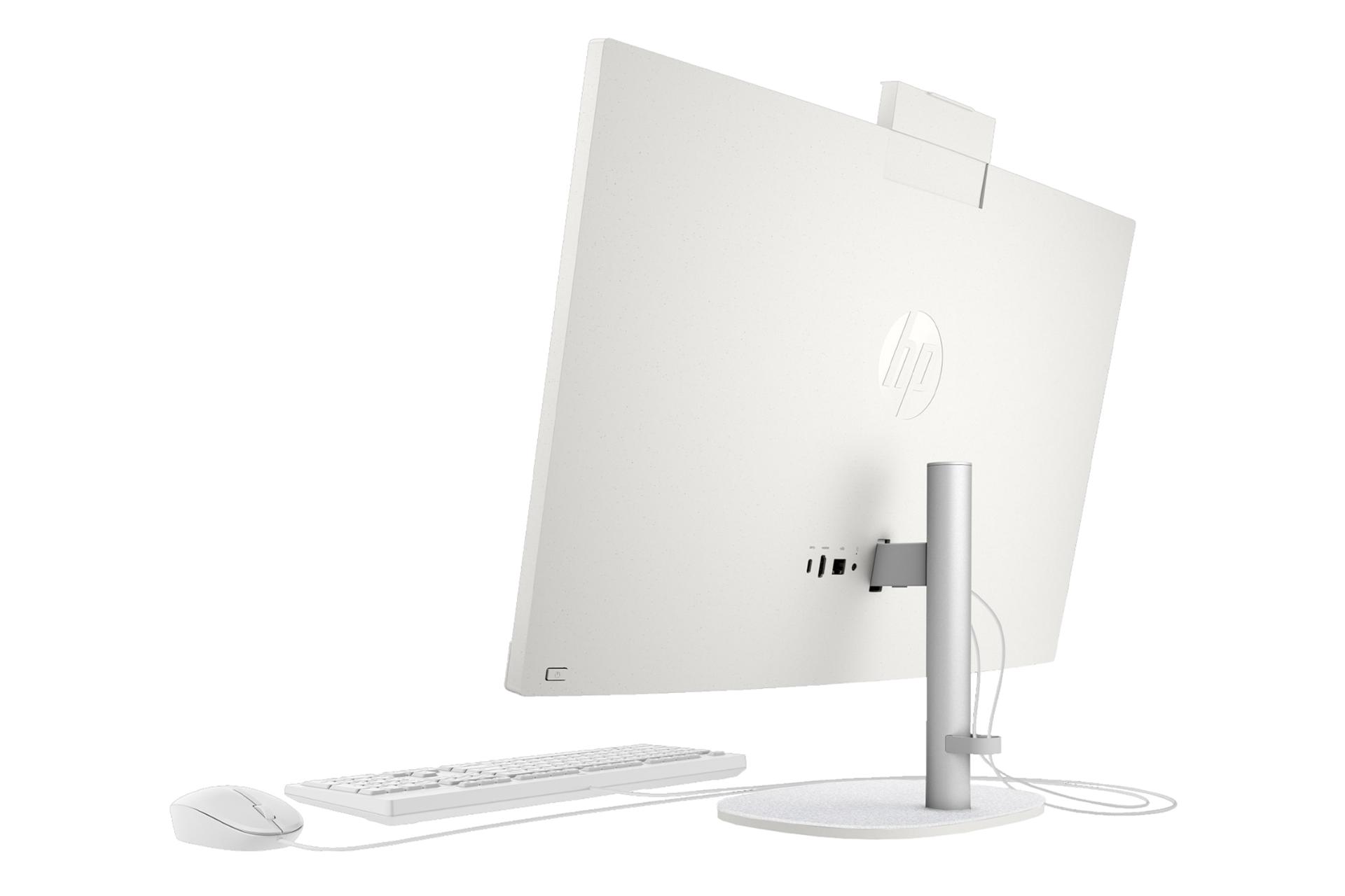 نمای نیمرخ پنل پشت  کامپیوتر همه کاره 24-cr0323nh اچ پی با نمایش لبه سمت راست، پایه، لوگو و درگاه‌ها