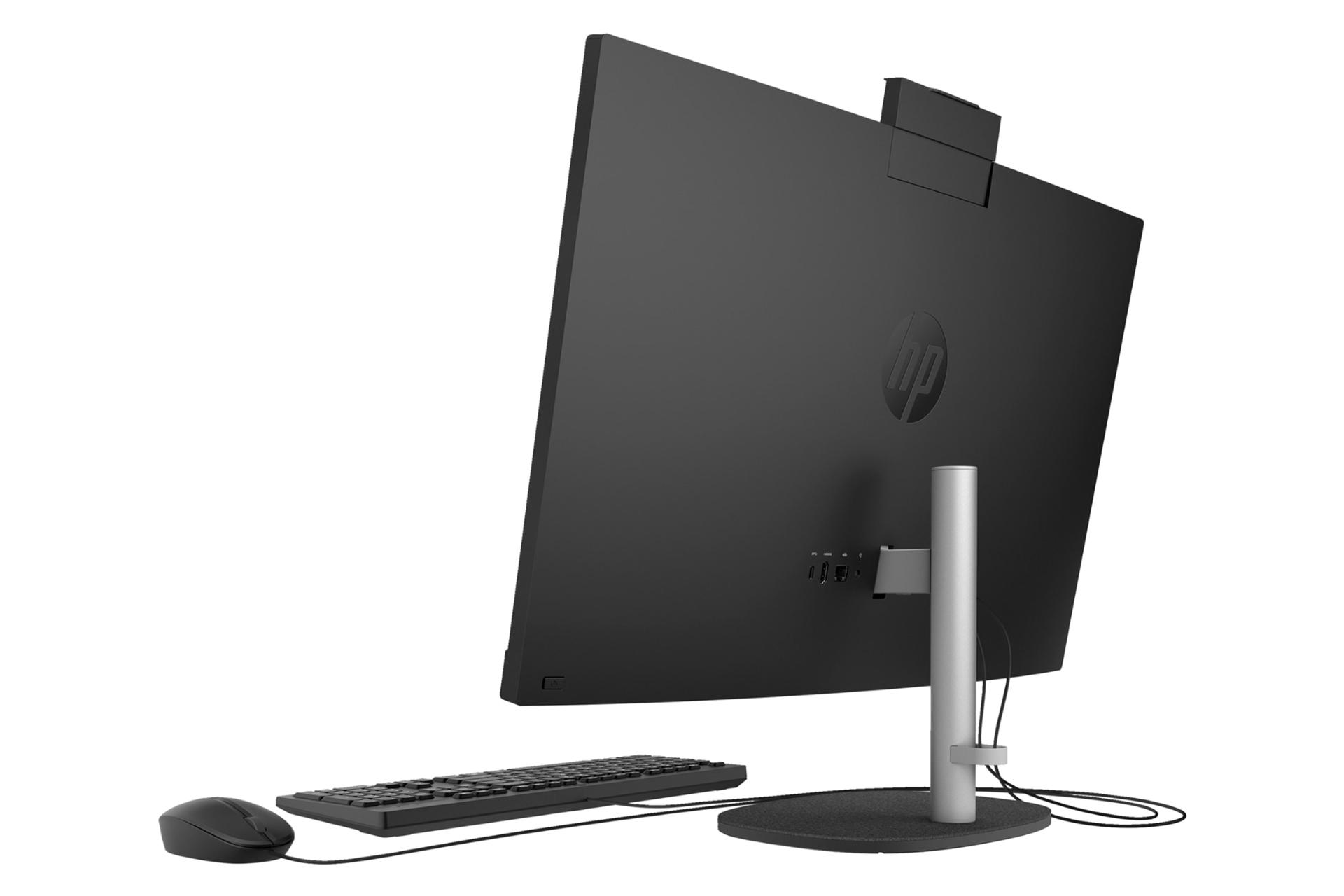 نمای نیمرخ پنل پشت کامپیوتر همه کاره 24-cr0324nh اچ پی با نمایش لبه سمت راست، لوگو، استند و درگاه‌ها