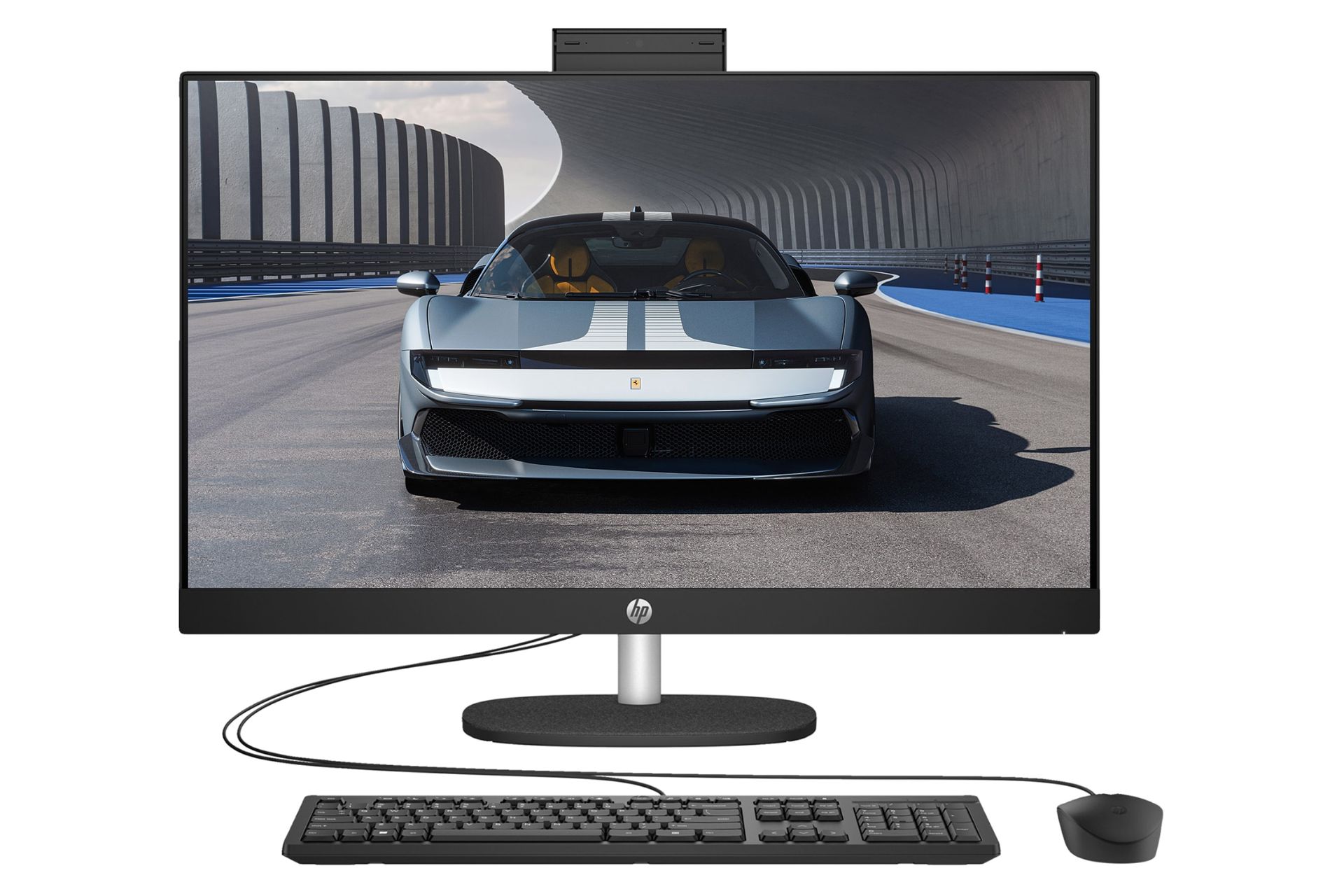 نمای پنل جلوی کامپیوتر همه کاره 24-cr0324nh اچ پی با نمایشگر روشن و نمایش لوگو، ماوس و کیبورد