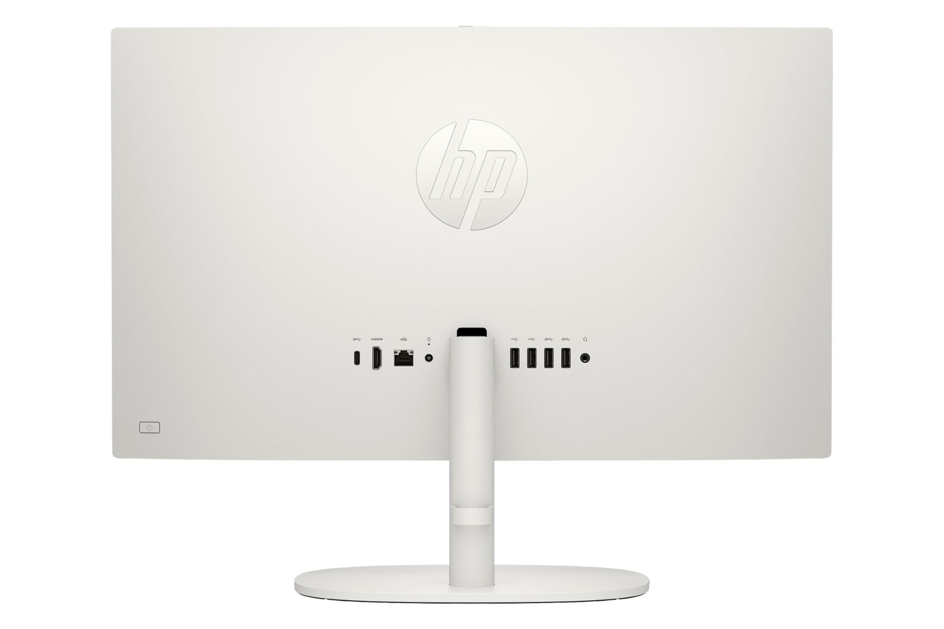 نمای پنل پشت کامپیوتر همه کاره 22-dg0012nh اچ پی با نمایش لوگو، استند و درگاه‌ها