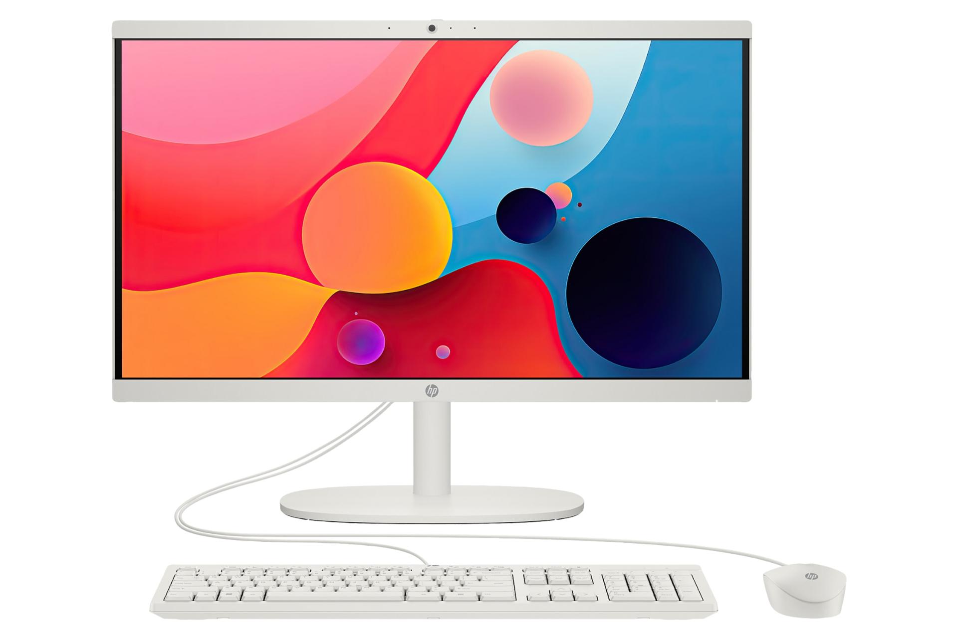 نمای پنل جلوی کامپیوتر همه کاره 22-dg0012nh اچ پی با نمایشگر روشن و نمایش وبکم، ماوس و کیبورد