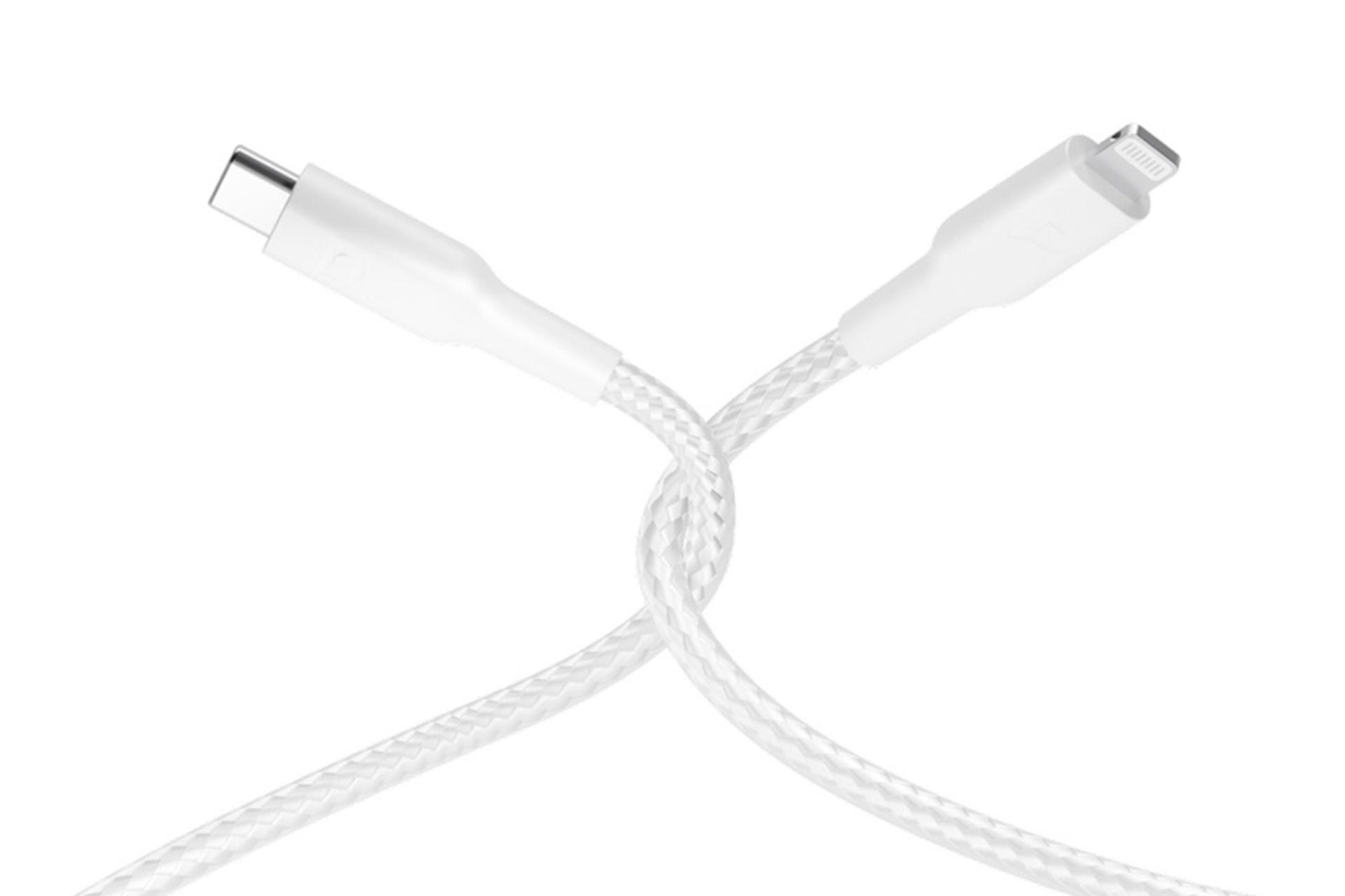 رنگ سفید کابل شارژ USB پاورولوجی Type-C به Lightning مدل 23BRCL12 با طول 1.2 متر