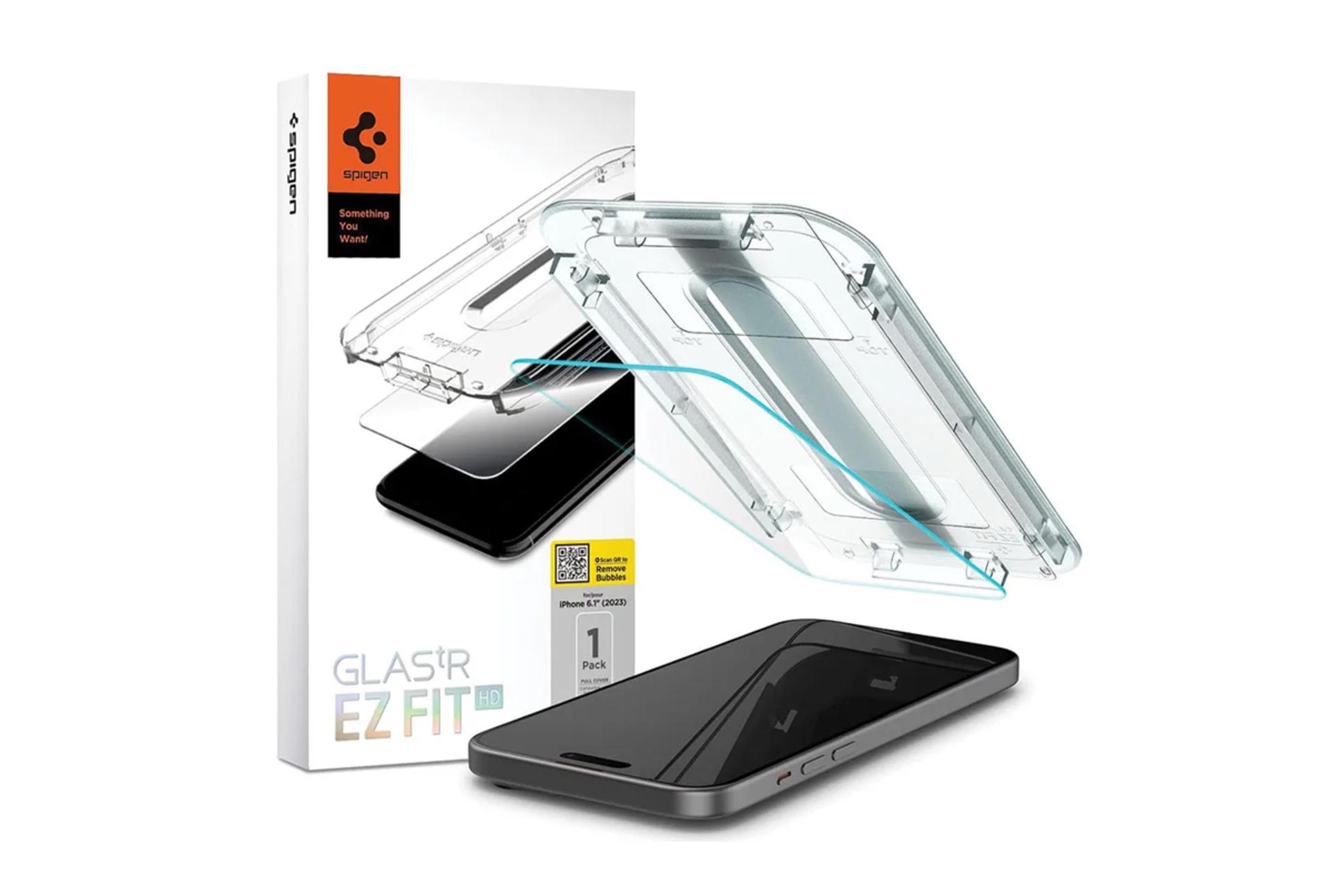 جعبه محافظ صفحه نمایش گوشی اسپیگن مدل Glas.tR EZ Fit HD مناسب اپل iPhone 16 / 15