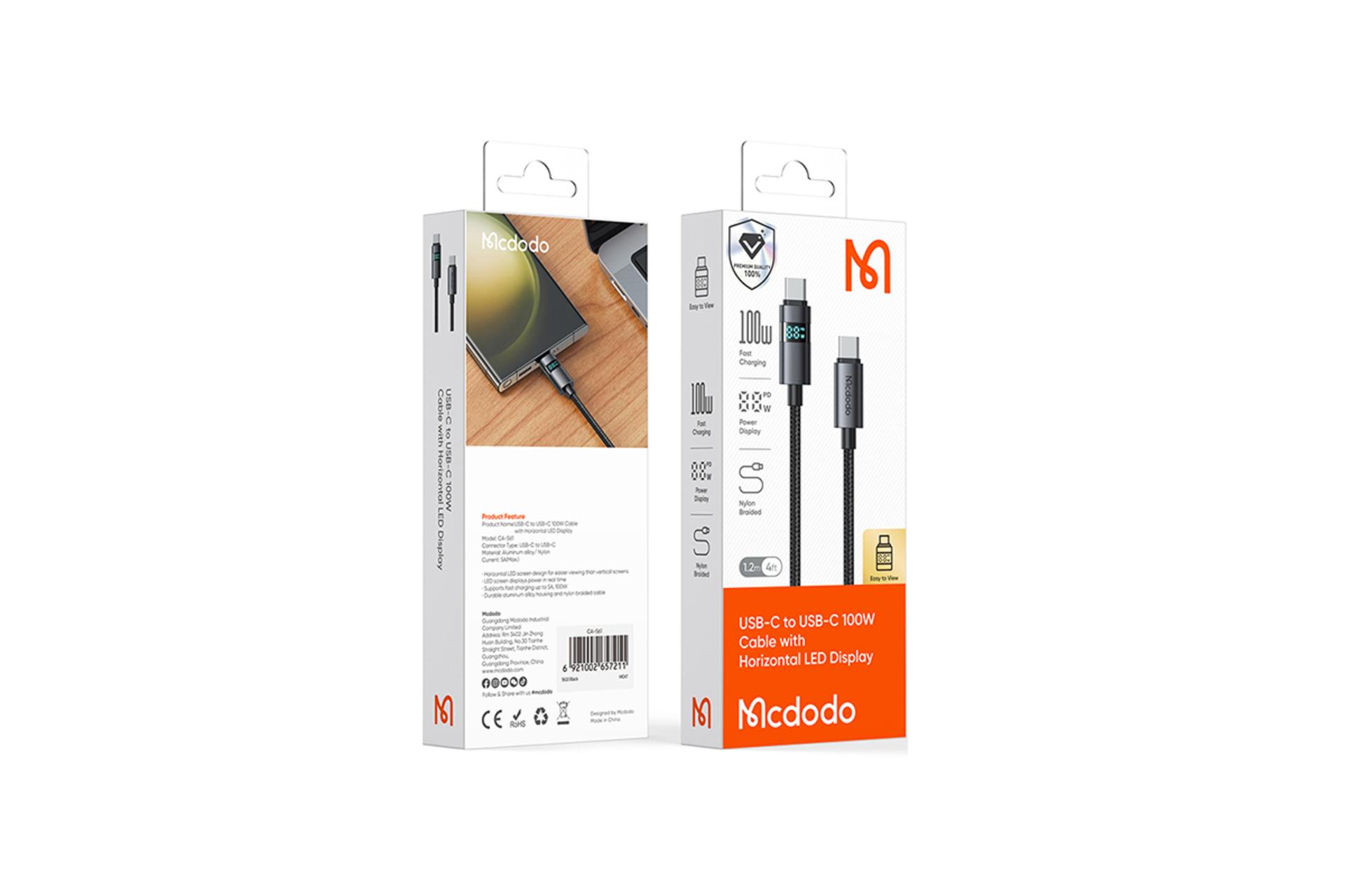 جعبه کابل شارژ USB مک دودو Type-C به Type-C مدل CA-561 با طول 1.2 متر