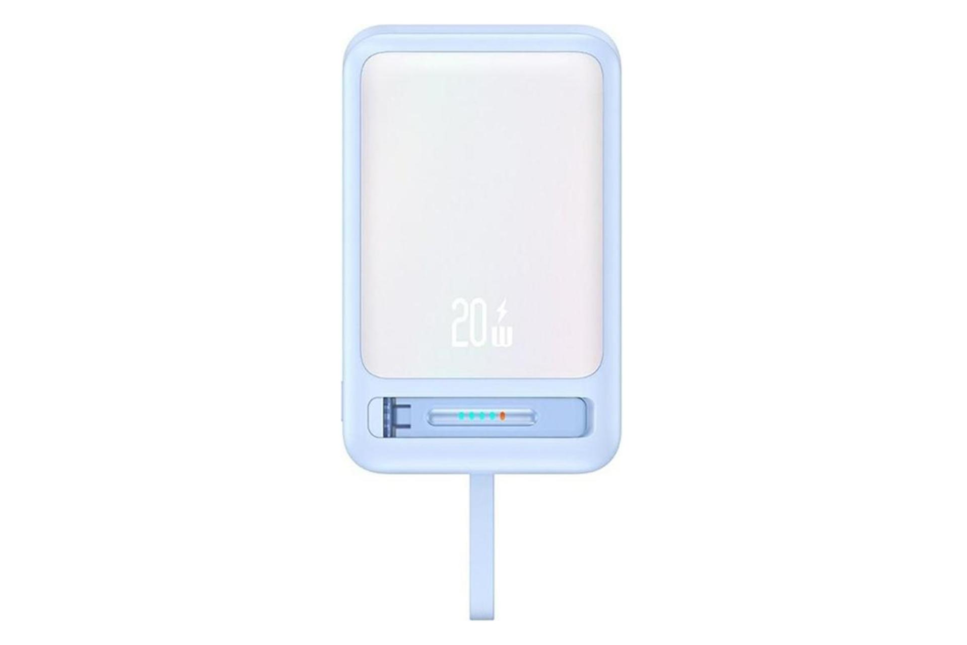 رنگ آبی پاور بانک یوسمز Magnetic Bracket US-CD219 با ظرفیت 10000 میلی‌آمپر ساعت و امکان شارژ بی‌سیم