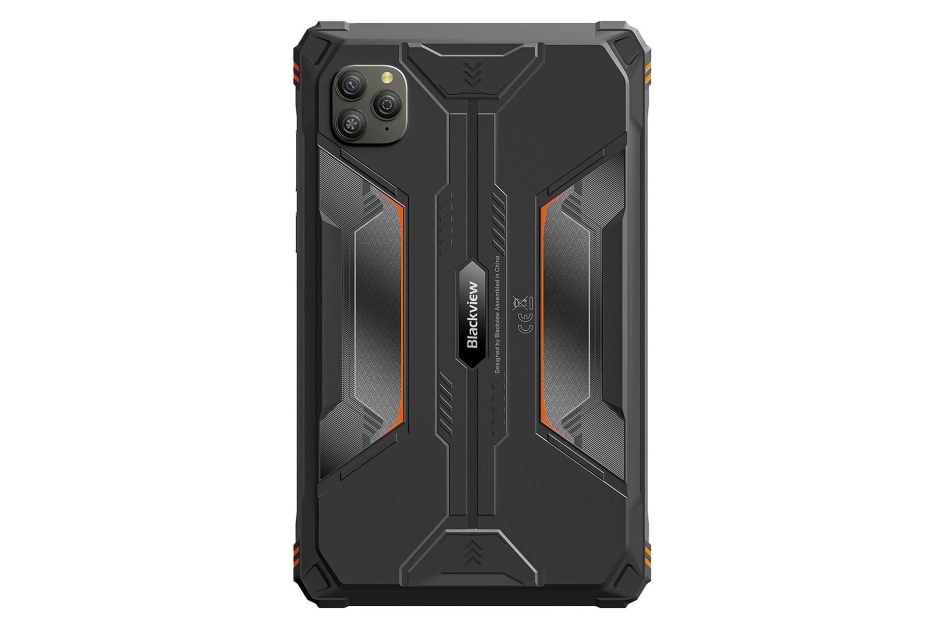 نمای پنل پشت تبلت اکتیو 5 بلک ویو / Blackview Active 5 با نمایش دوربین و لوگوی پنل پشت مشکی نارنجی