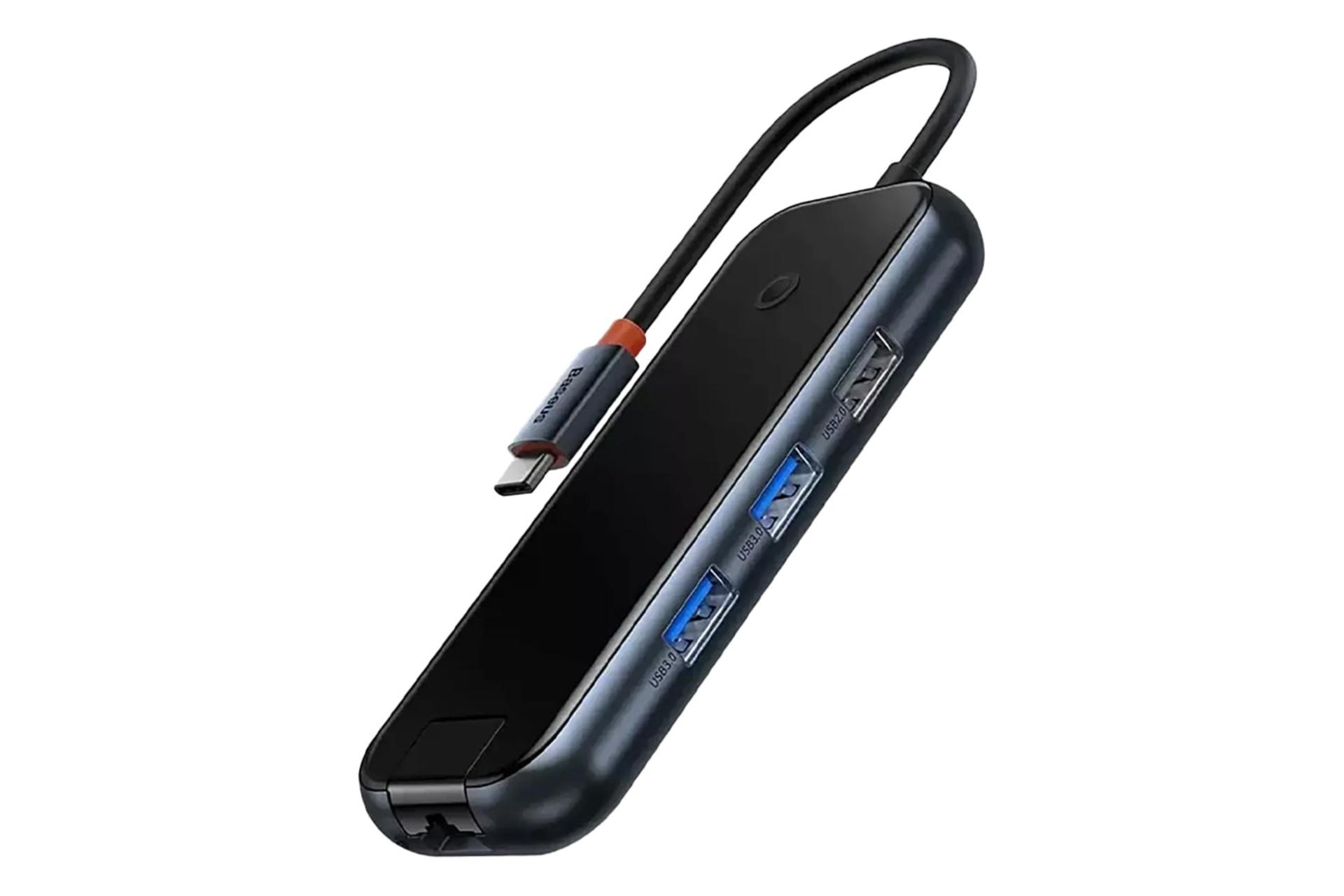 نمای نیمرخ هاب USB هاب USB-C باسئوس 6 پورت مدل BS-OH089 با نمایش درگاه های لبه سمت راست