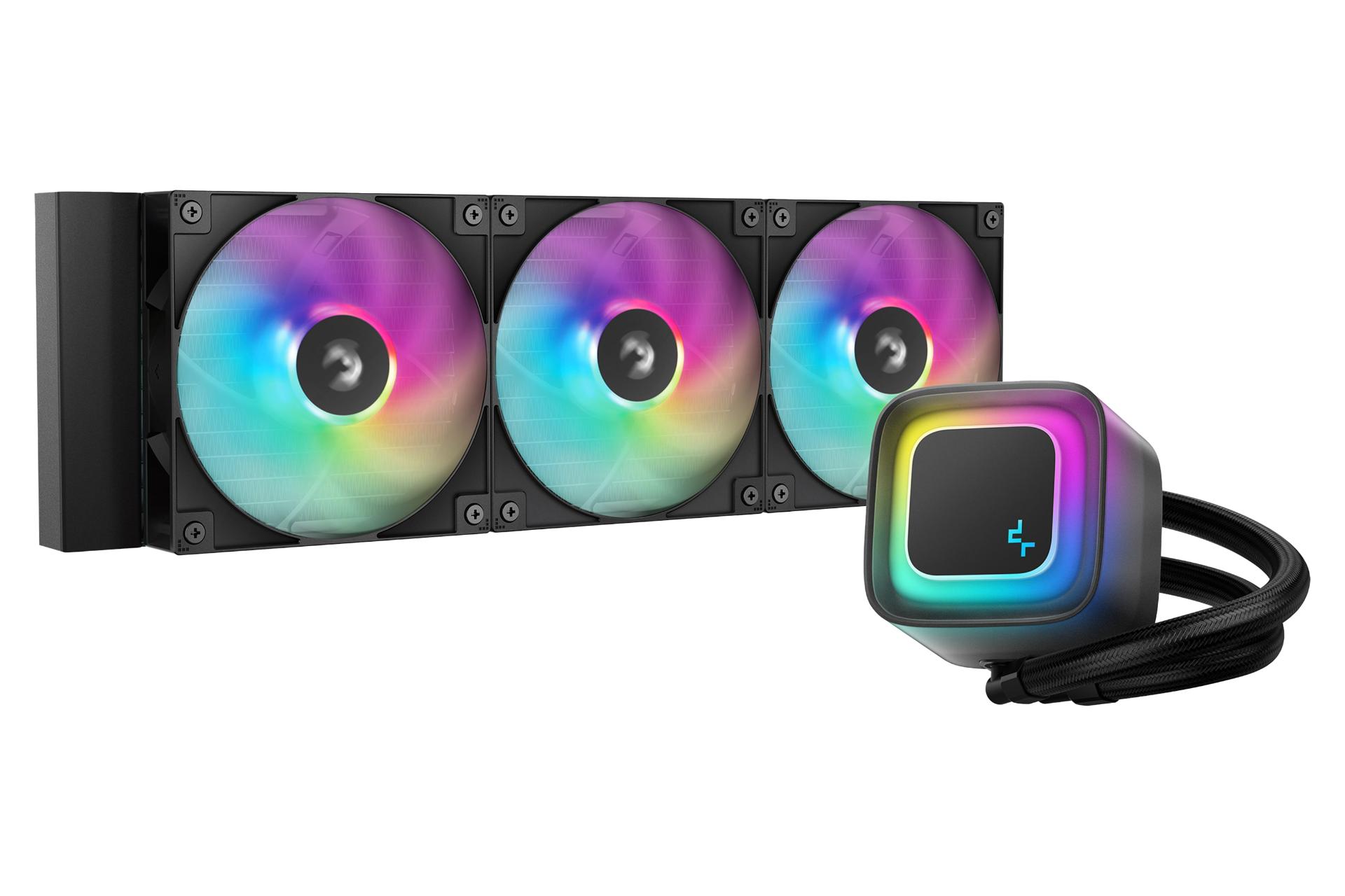 نمای کلی خنک کننده مایع دیپ کول LE360 V2 با نمایش نورپردازی واتربلاک و فن