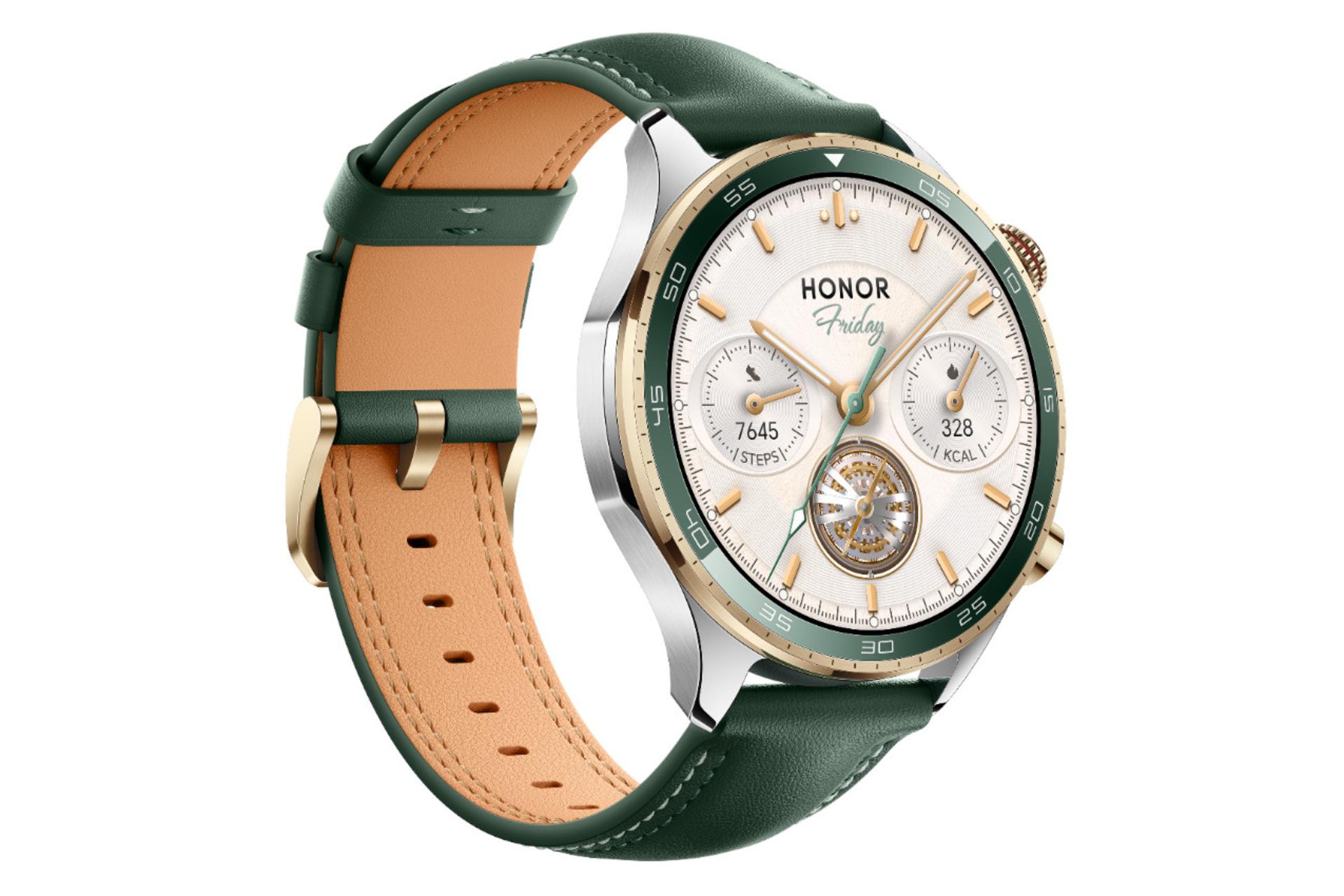 سمت چپ ساعت هوشمند آنر واچ 5 پرو مدل eSIM طلایی / HONOR Watch 5 Pro