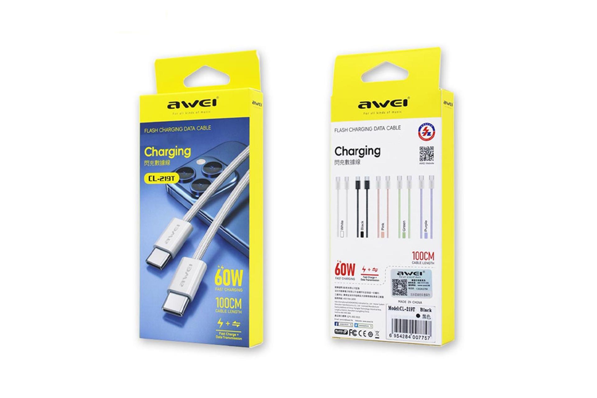 جعبه کابل شارژ USB آوی Type-C به Type-C مدل CL-219T با طول 1 متر