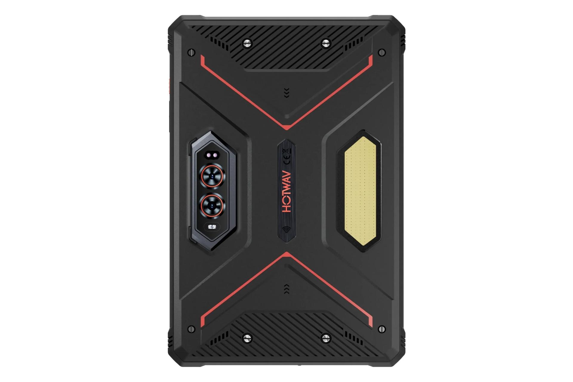 نمای پنل پشت تبلت R9 اولترا هات ویو / HOTWAV R9 Ultra با نمایش لوگو و دوربین‌ها رنگ مشکی و قرمز