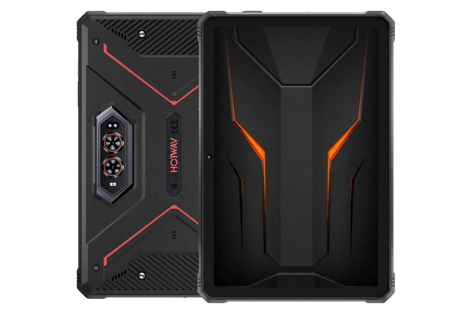 نمای کلی تبلت R9 اولترا هات ویو / HOTWAV R9 Ultra با نمایشگر روشن و نمایش لوگو و دوربین های پنل پشت