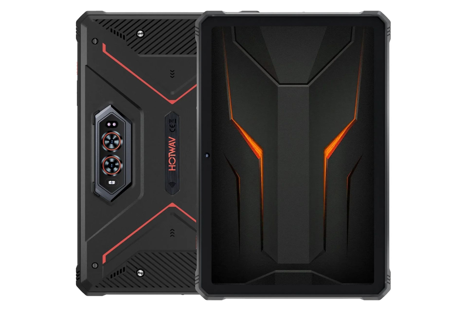 نمای کلی تبلت R9 اولترا هات ویو / HOTWAV R9 Ultra با نمایشگر روشن و نمایش لوگو و دوربین های پنل پشت