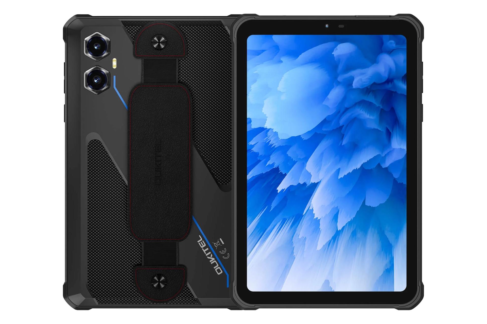 نمای کلی تبلت اوکیتل RT3 پلاس / Oukitel RT3 Plus با نمایشگر روشن و نمایش لوگو و دوربین پنل پشت رنگ مشکی و آبی