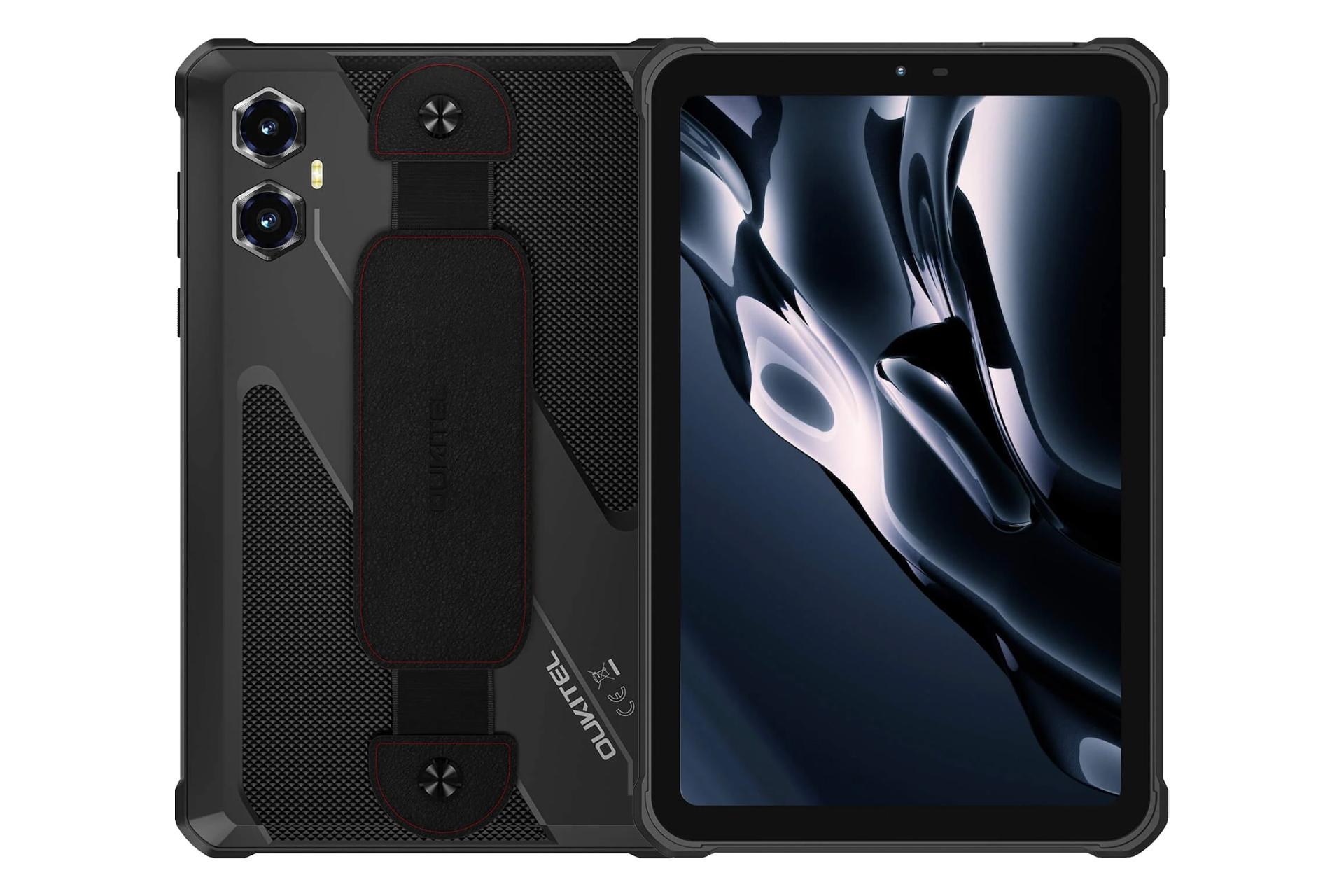 نمای کلی تبلت اوکیتل RT3 پلاس / Oukitel RT3 Plus با نمایشگر روشن و نمایش لوگو و دوربین پنل پشت رنگ مشکی