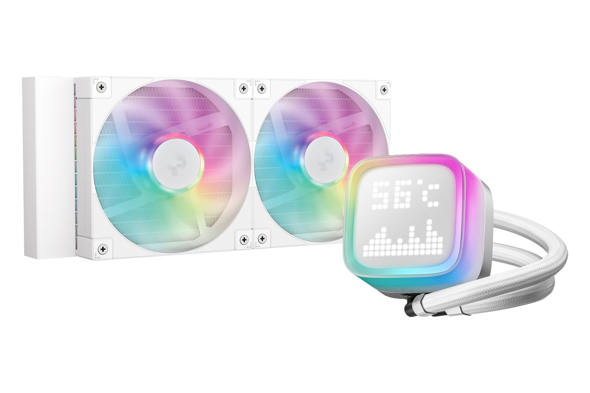 نمای کلی خنک کننده مایع دیپ کول LP240 WH با نمایش لوله، نمایشگر، نورپردازی فن‌ها و رادیاتور