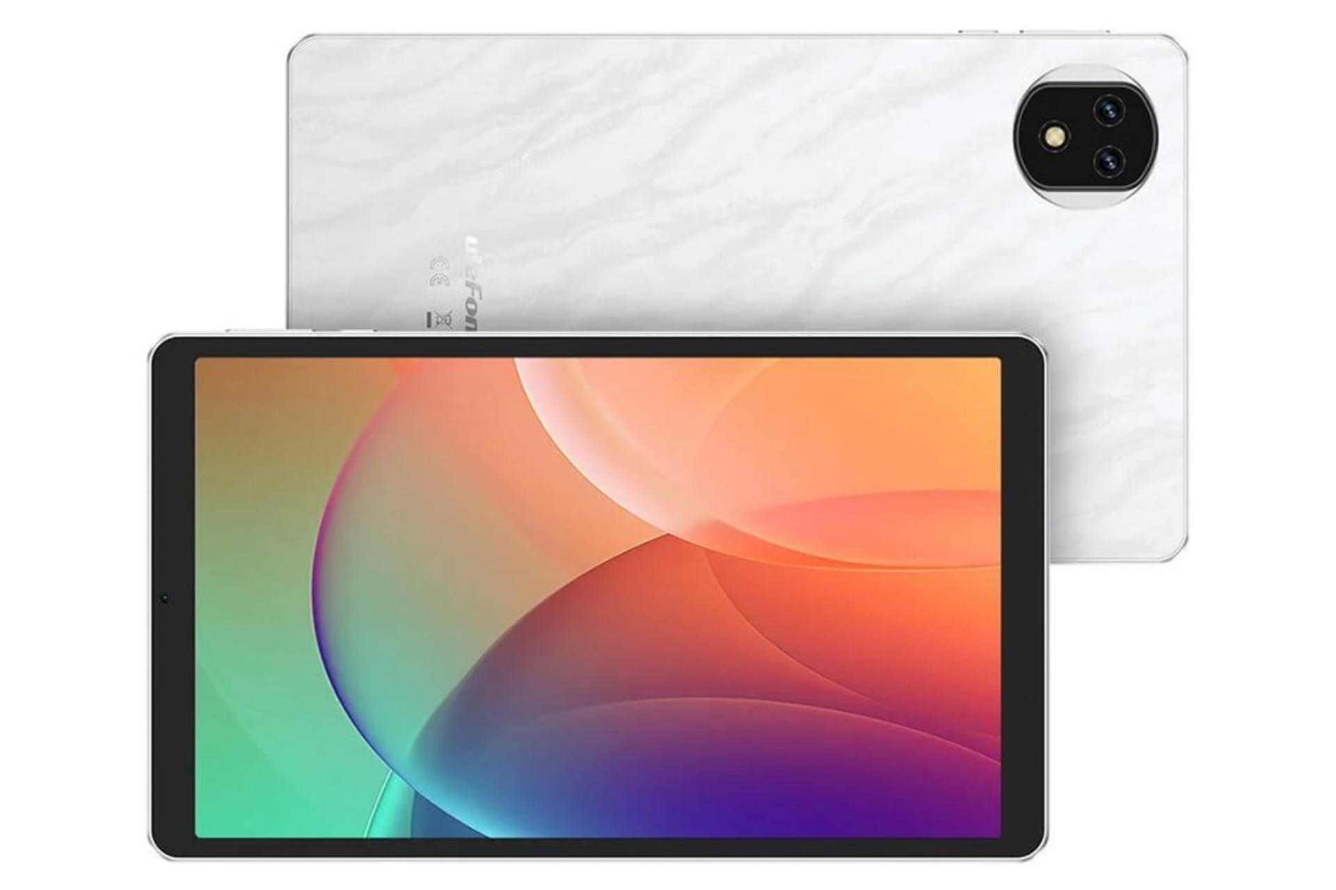 نمای کلی تبلت تب A9 پرو یولفون / Ulefone Tab A9 Pro با نمایشگر روشن و نمایش دوربین پنل پشت رنگ سفید