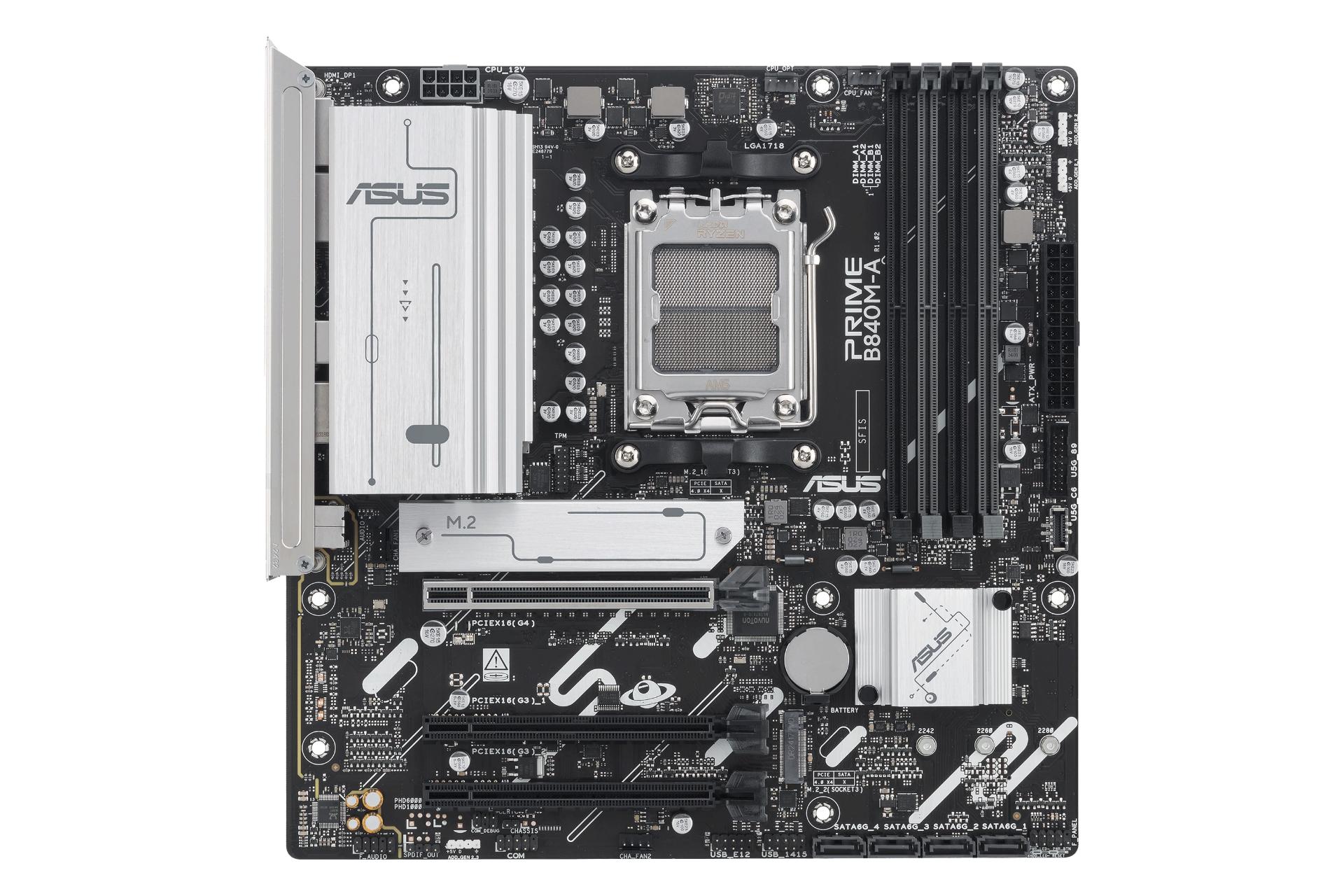 نمای رو به روی مادربرد ایسوس PRIME B840M-A-CSM با نمایش اسلات‌ها