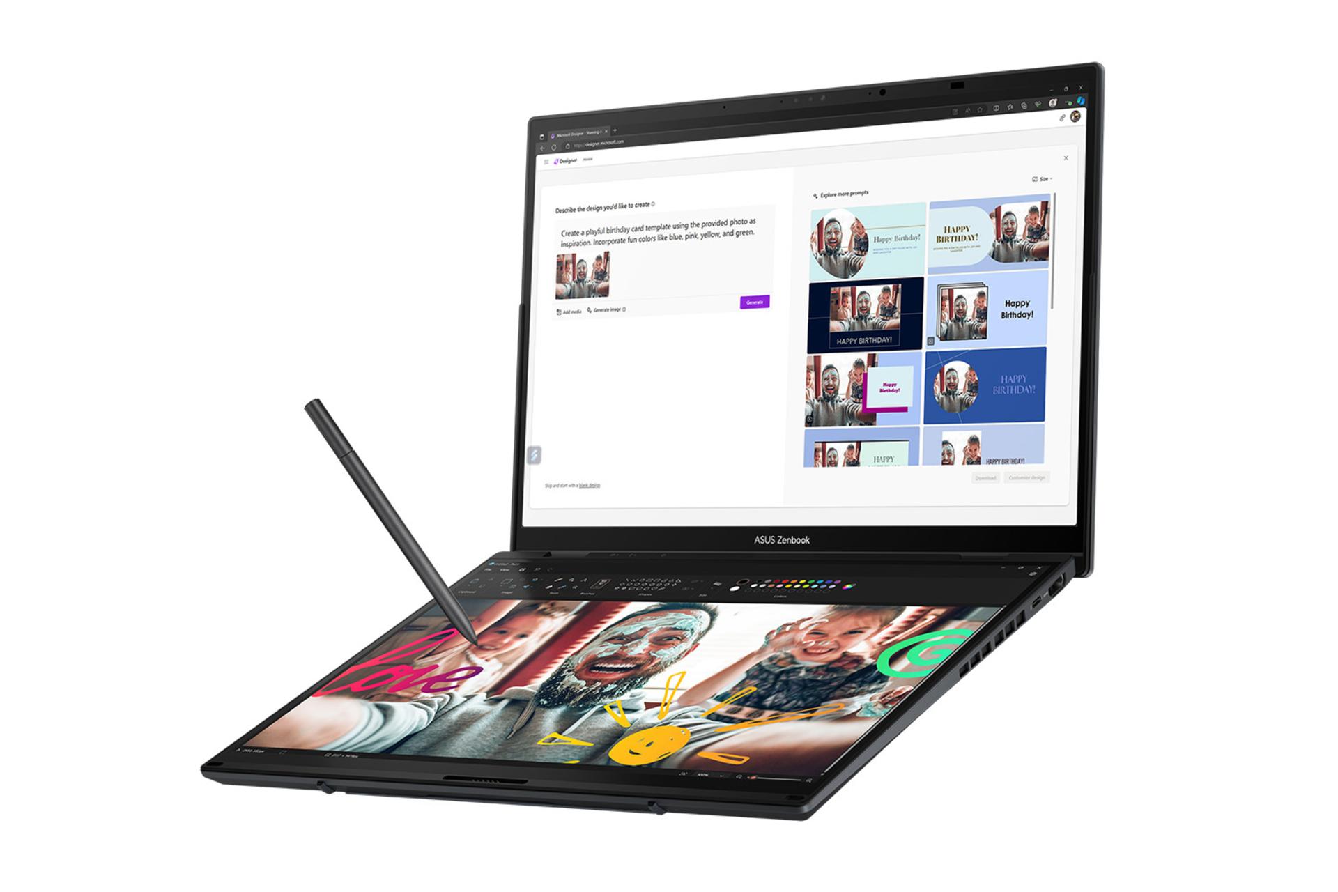 لپ تاپ ایسوس ASUS Zenbook DUO UX8406 نمای جلو به همراه قلم