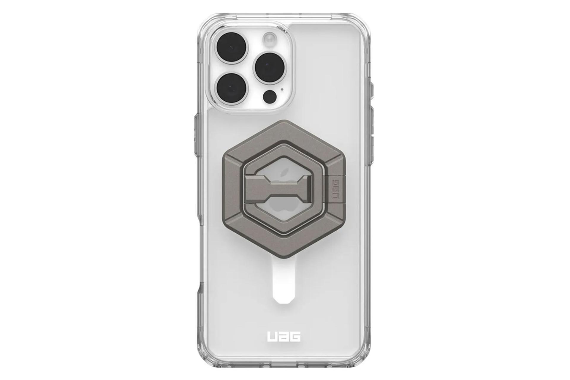 نمای پشت قاب گوشی یو ای جی مدل Plyo MagSafe Ice White Titanium Ring Stand مناسب اپل iPhone 16 Pro Max