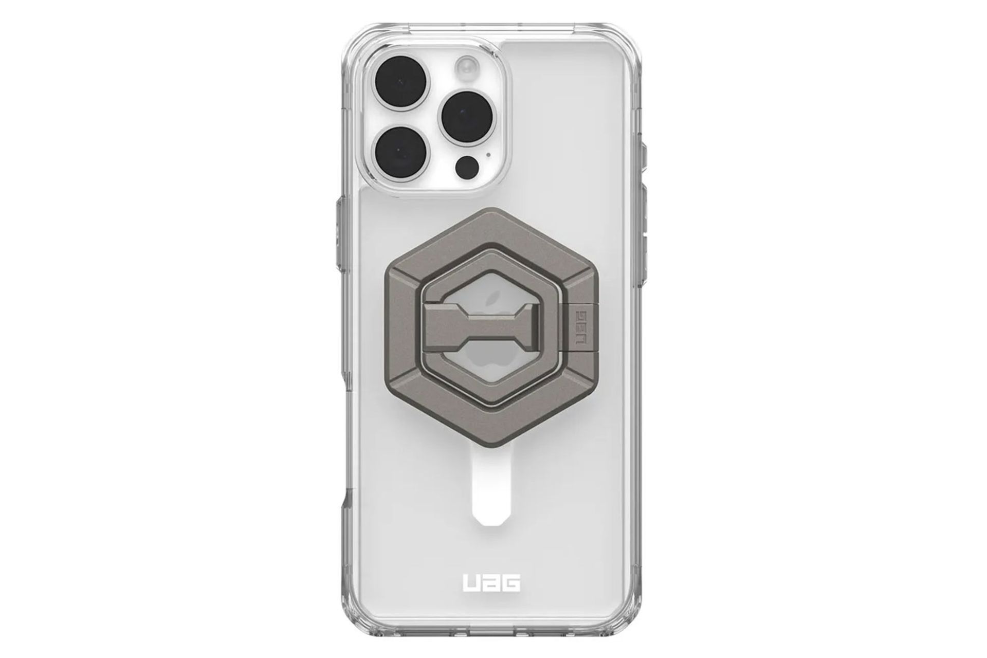 نمای پشت قاب گوشی یو ای جی مدل Plyo MagSafe Ice White Titanium Ring Stand مناسب اپل iPhone 16 Pro Max