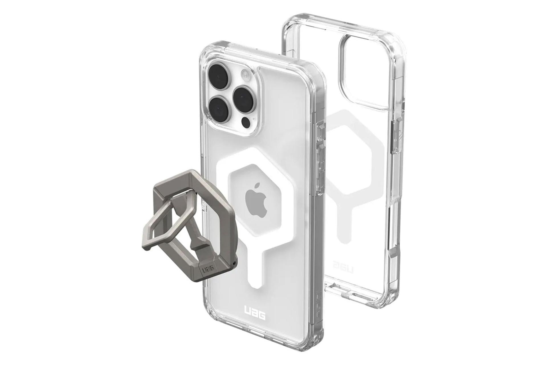 شفافیت قاب گوشی یو ای جی مدل Plyo MagSafe Ice White Titanium Ring Stand مناسب اپل iPhone 16 Pro Max