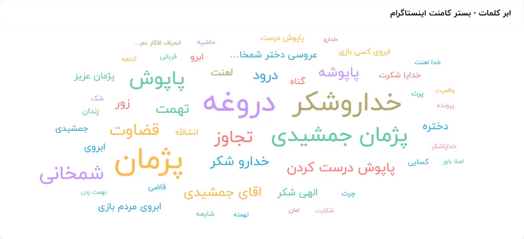 ابر کلمات در کامنت‌ها اینستاگرام که نشان می‌دهد غالبا بارها حول باور به دروغ بودن اتهام پژمان جمشیدی است