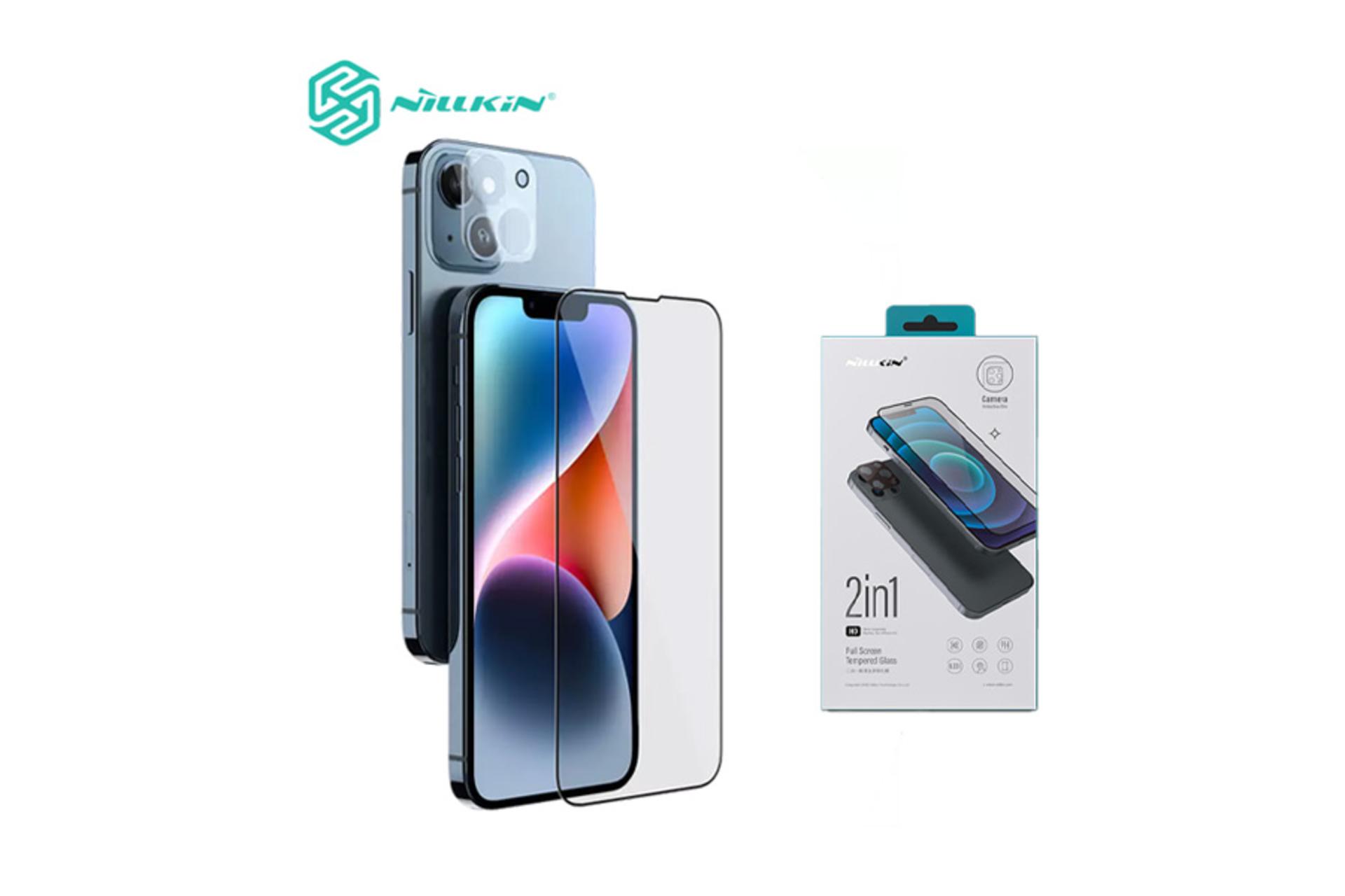 جعبه محافظ صفحه نمایش گوشی نیلکین مدل Amazing 2-in-1 HD مناسب اپل iPhone 14 / 13 به همراه محافظ لنز دوربین