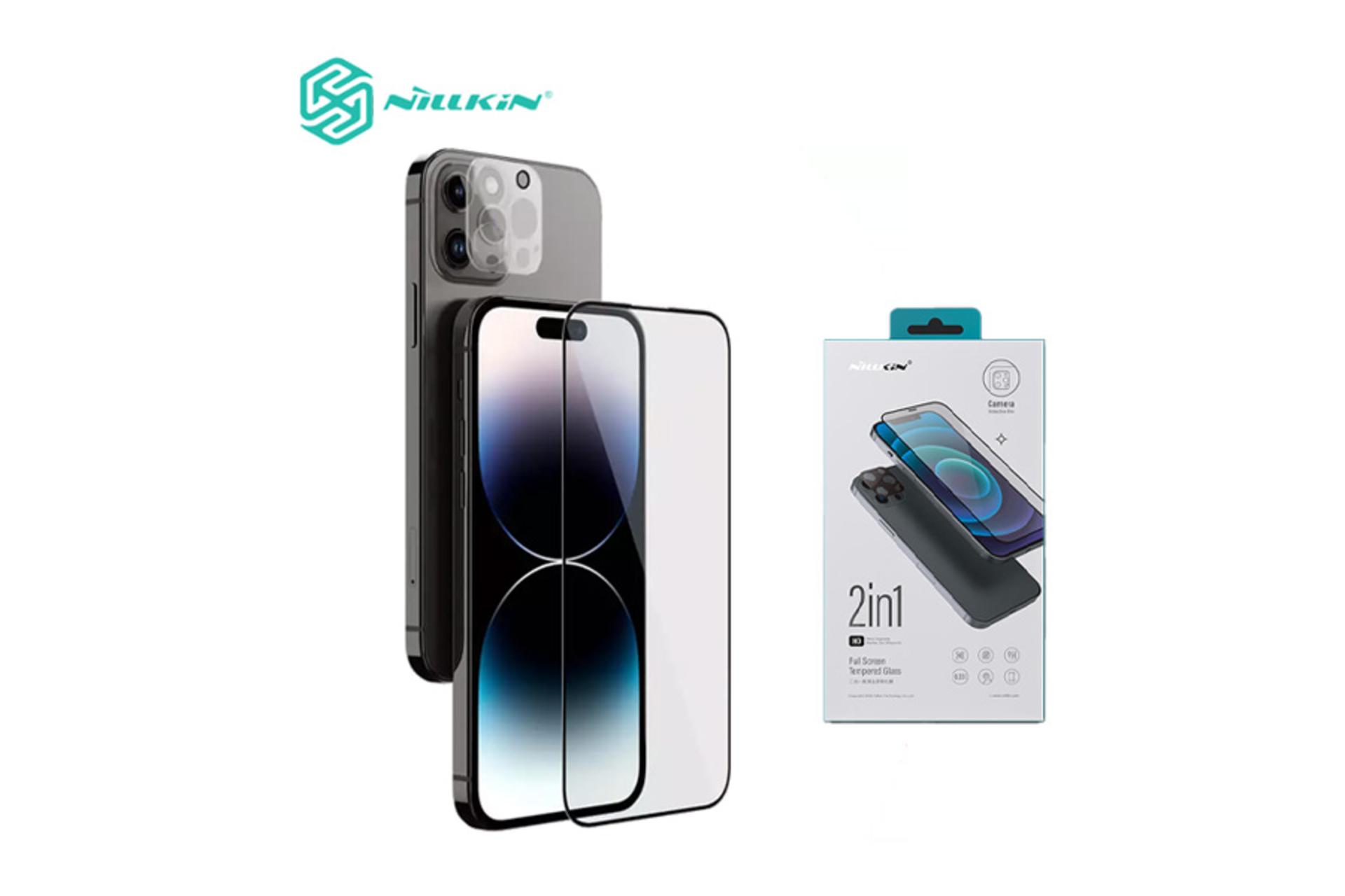 جعبه محافظ صفحه نمایش گوشی نیلکین مدل Amazing 2-in-1 HD مناسب اپل iPhone 14 Pro Max به همراه محافظ لنز دوربین