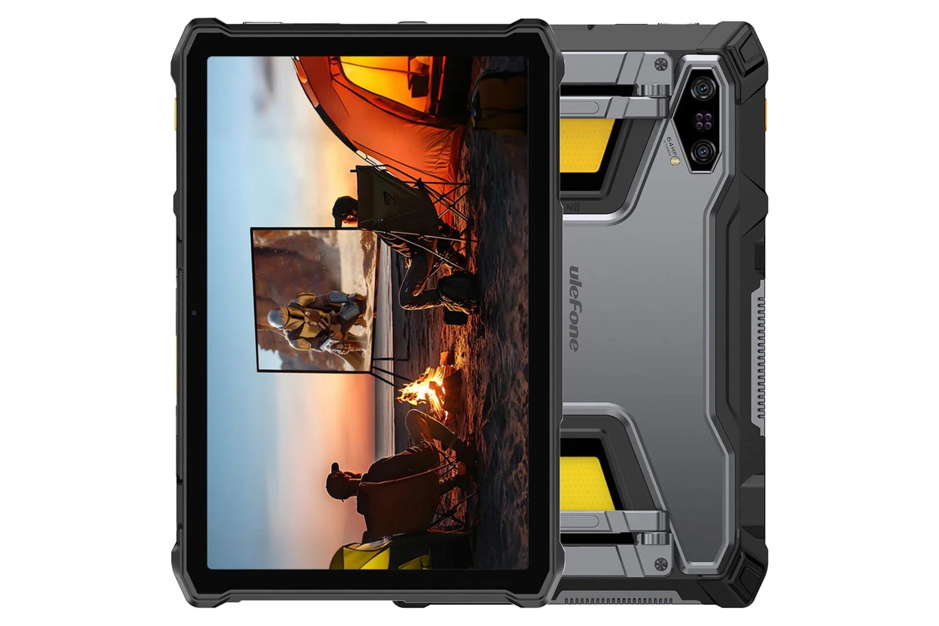 نمای کلی تبلت آرمور پد 5 اولترا یولفون / Ulefone Armor Pad 5 Ultra با نمایشگر روشن و نمایش لوگو و دوربین پنل پشت