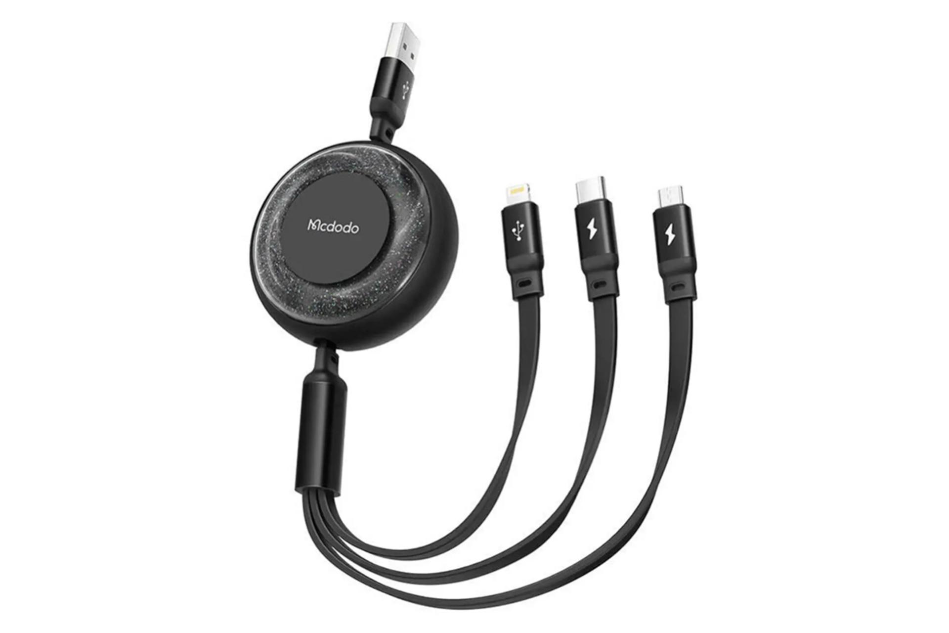 رنگ مشکی کابل شارژ USB مک دودو Type-A به Type-C+Micro-USB+Lightning مدل CA-3570 با طول 1.2 متر