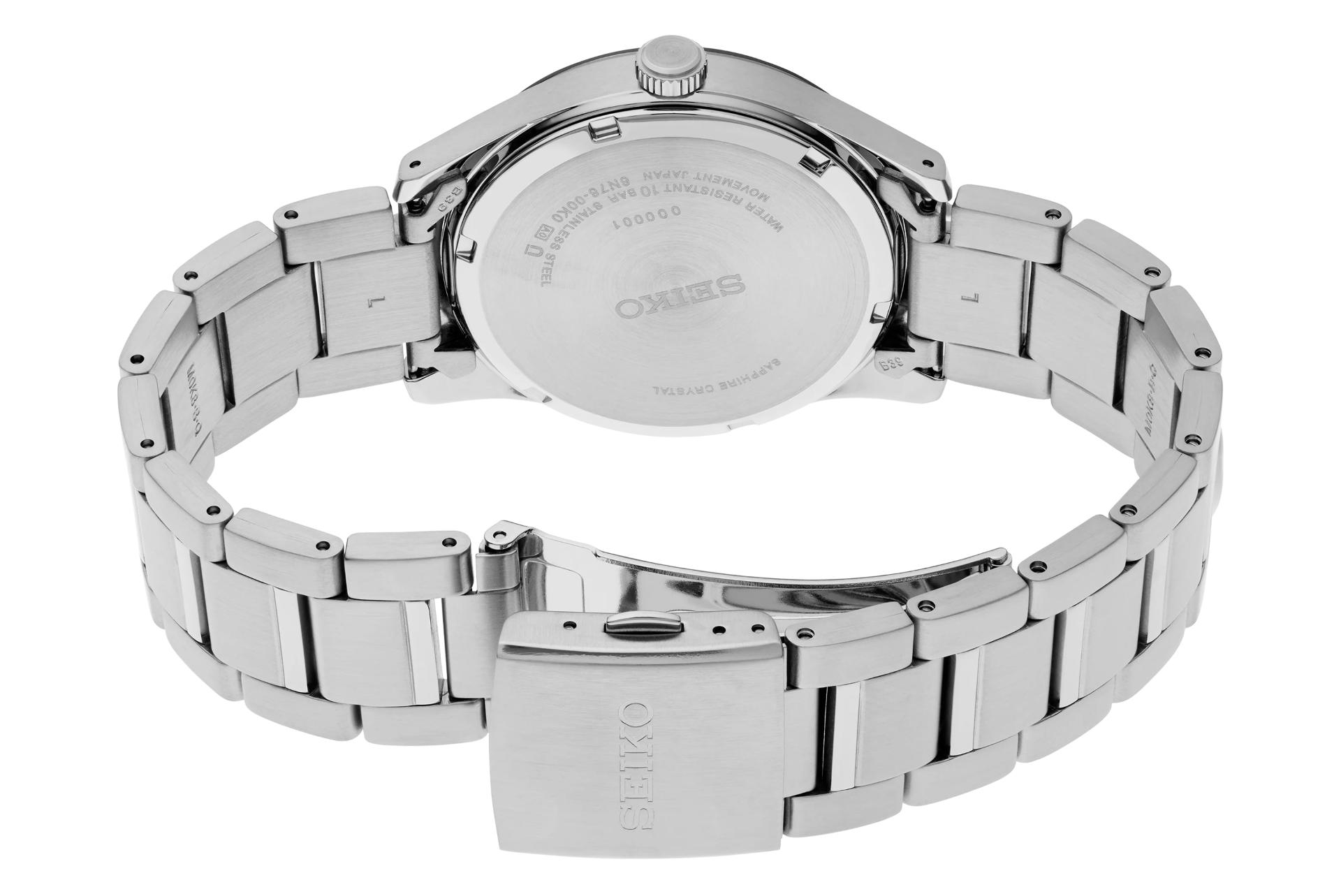 نمای داخل بند ساعت مچی مردانه سیکو Discover More SUR559 با نمایش پنل پشت و لوگو