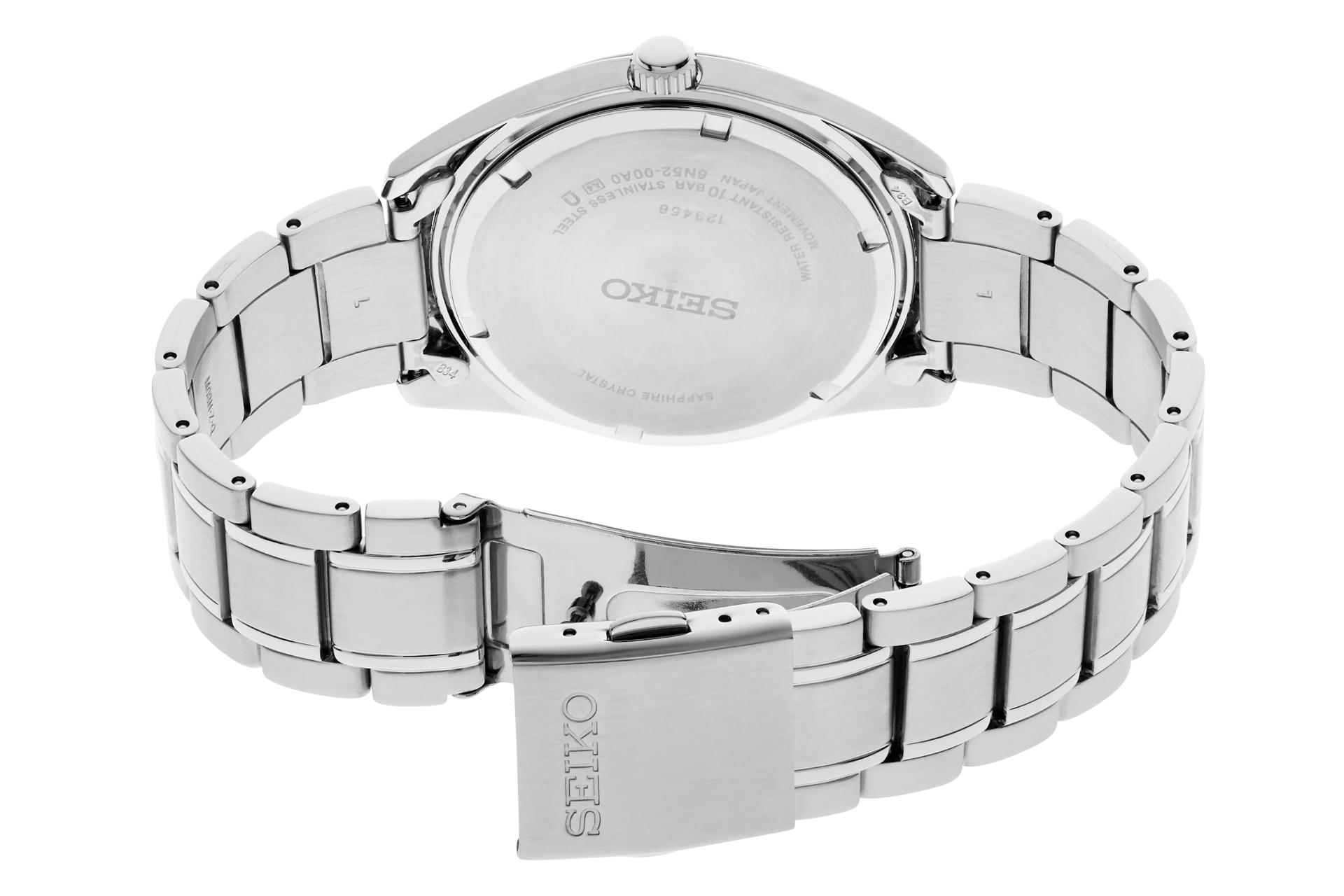 نمای داخلی بند ساعت مچی مردانه سیکو Discover More SUR525 با نمایش پنل پشت و لوگو